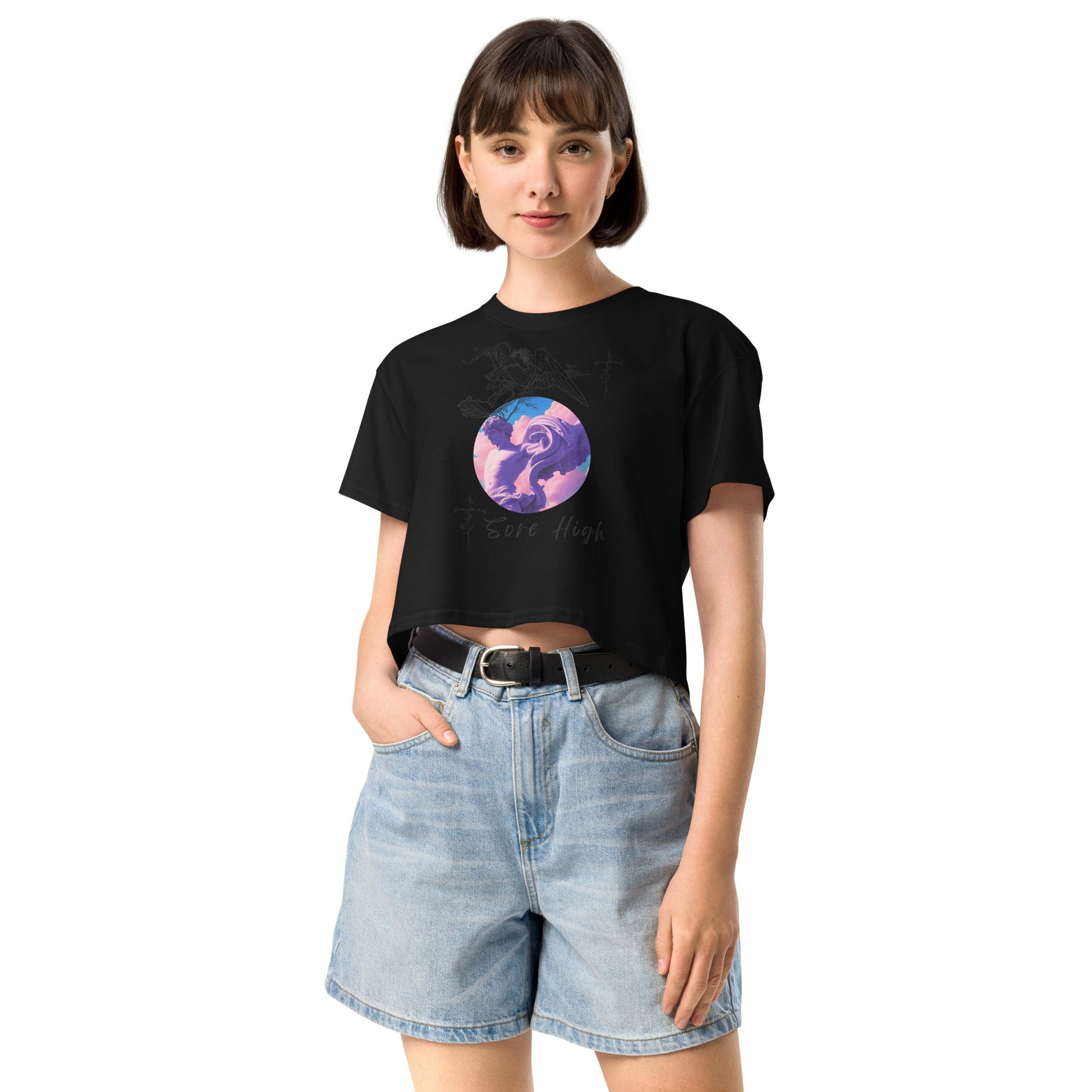 Skyborne Crop Top - Left Placement by R.A. Apparel, image 2, front view, Black, size S, left placement.