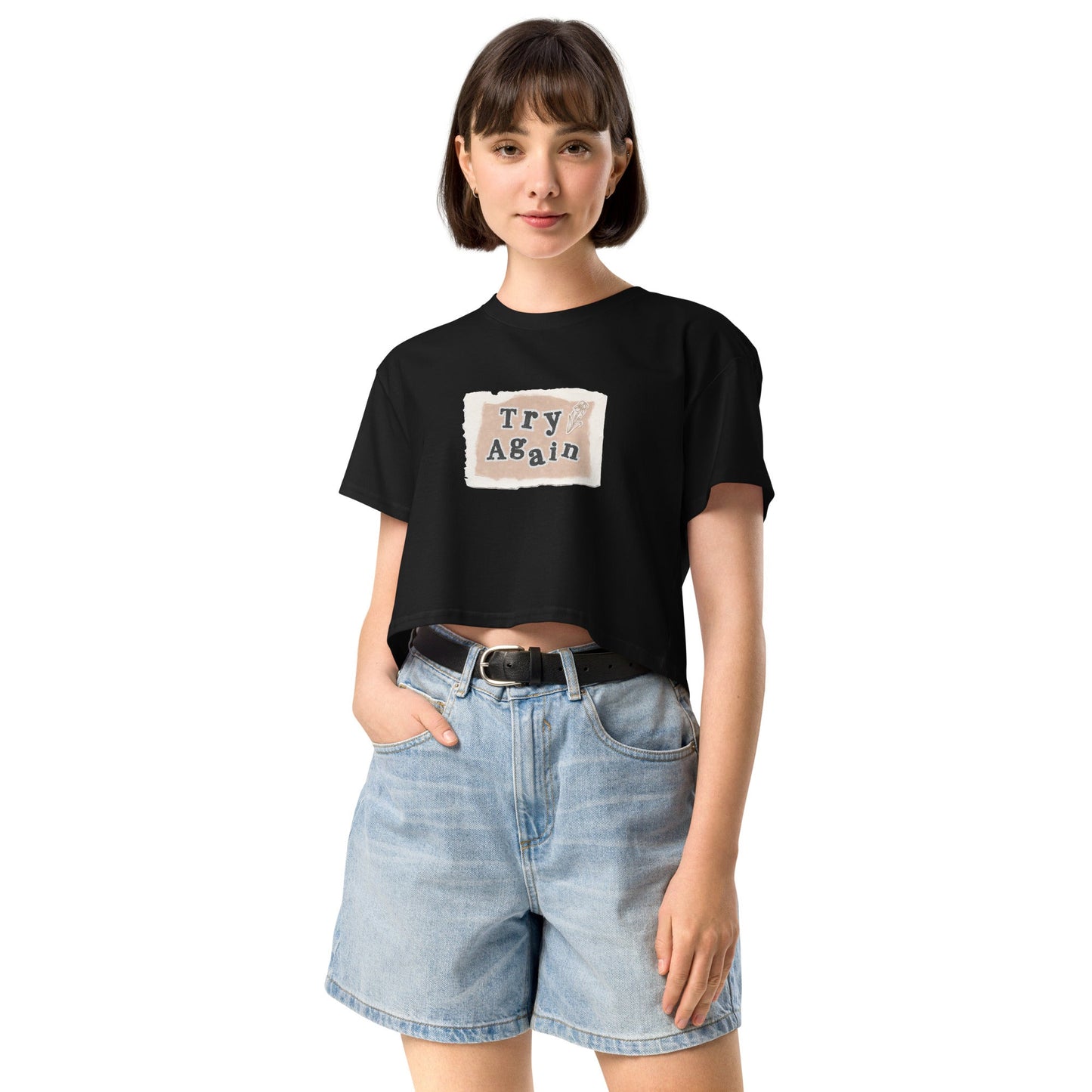 Image 2 of Black Retry Crop Top - Left Placement, size S, with Try Again artwork visible in front view.