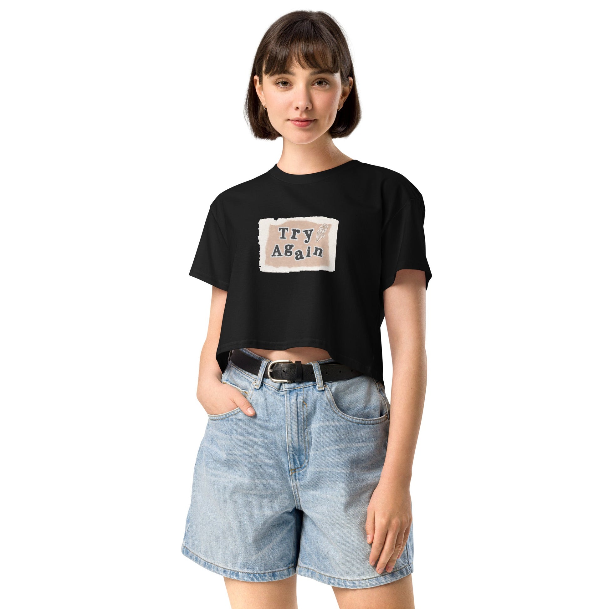 Image 2 of Black Retry Crop Top - Left Placement, size S, with Try Again artwork visible in front view.