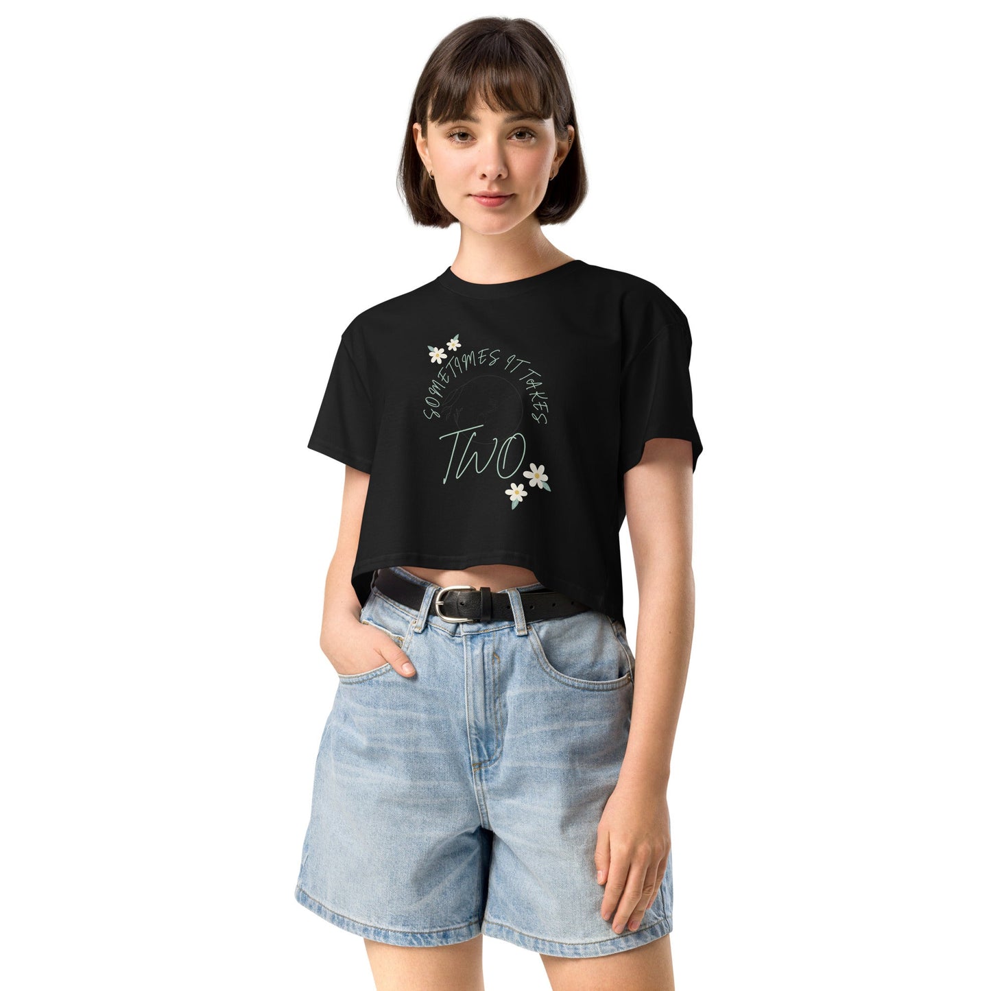 Image 2 of Black Duet Crop Top - Left Placement, size S, with It Takes Two artwork visible in front view.