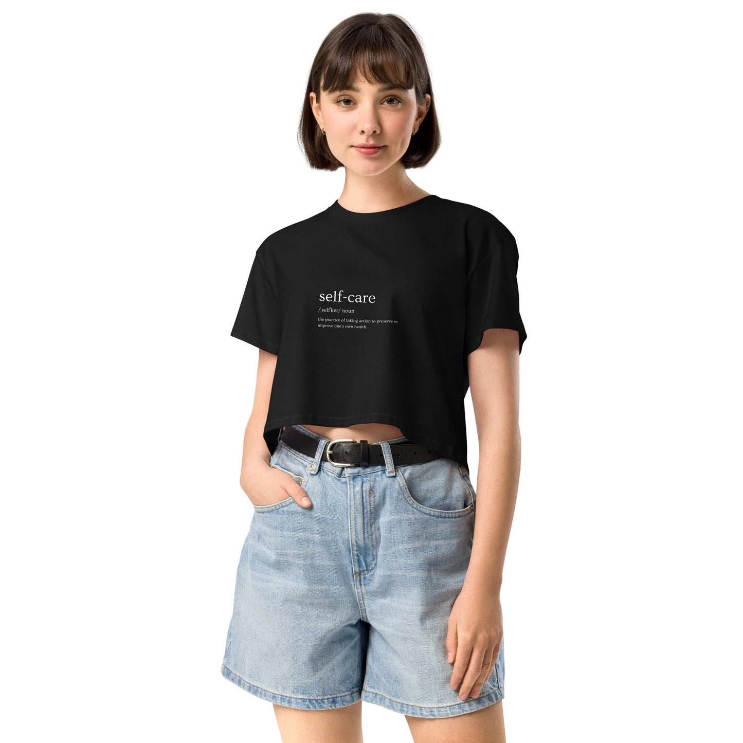 Image 2 of Black Self Ritual Crop Top - Left Placement, size S, with Self Care artwork visible in front view.