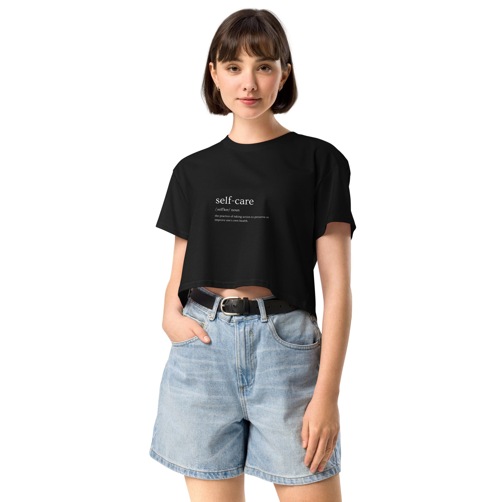 Image 2 of Black Self Ritual Crop Top - Left Placement, size S, with Self Care artwork visible in front view.