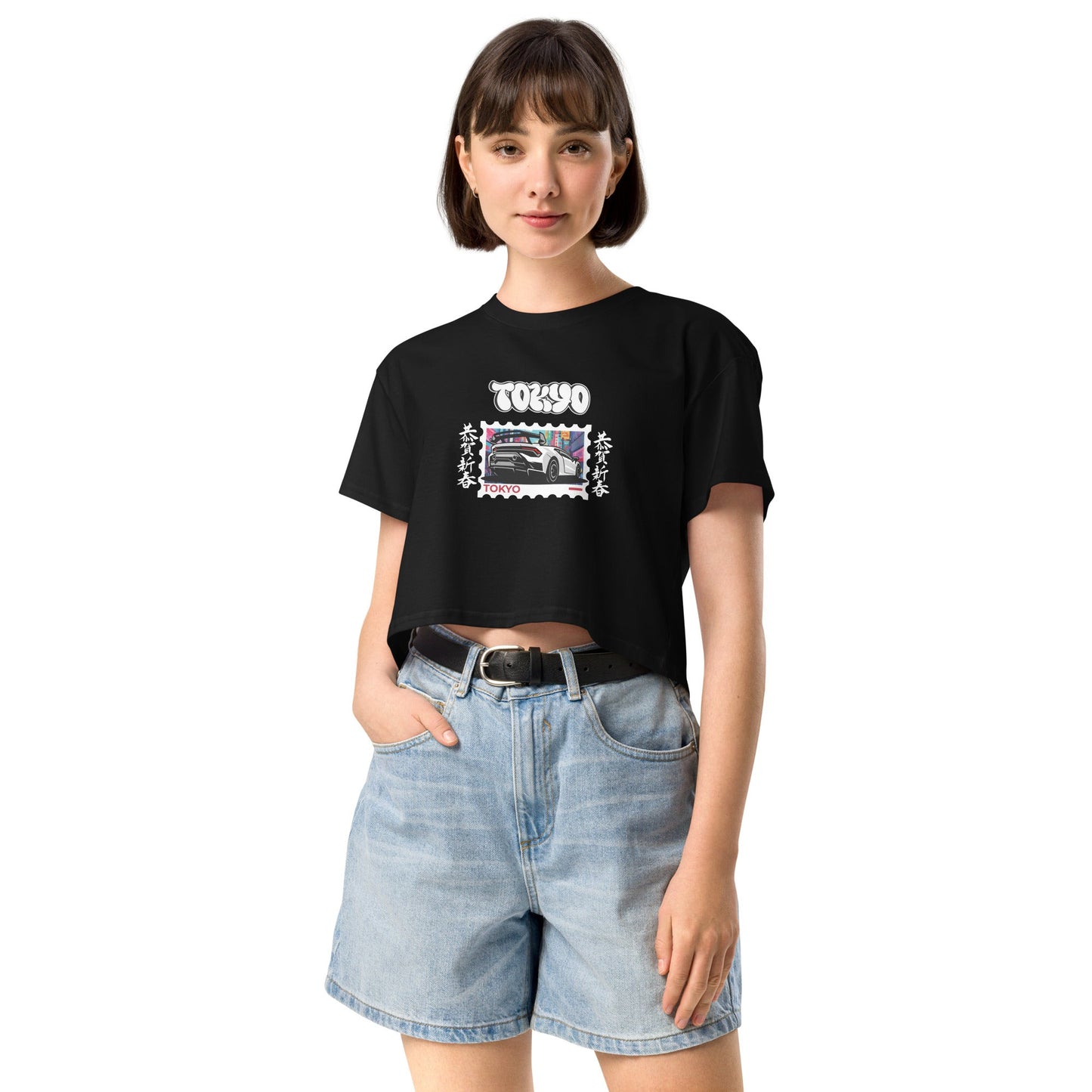 Tokyo Signal Crop Top - Left Placement image 2: Black version, size S with front view of the Tokyo range.