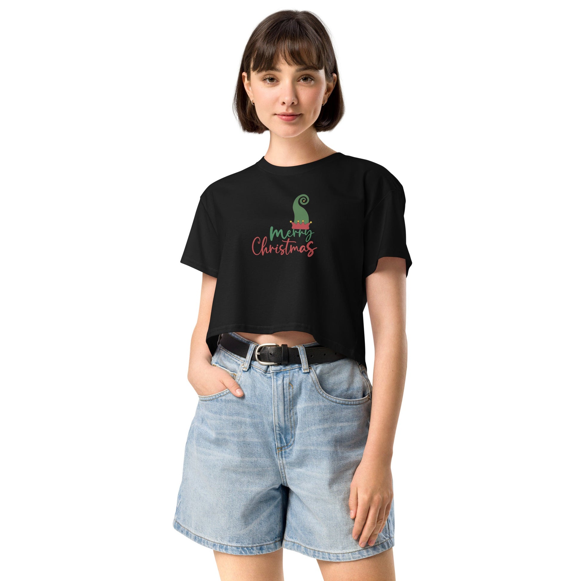 Noelle Crop Top - Left Placement 56 image 2: Black version, size S with front view of the Merry Christmas range.