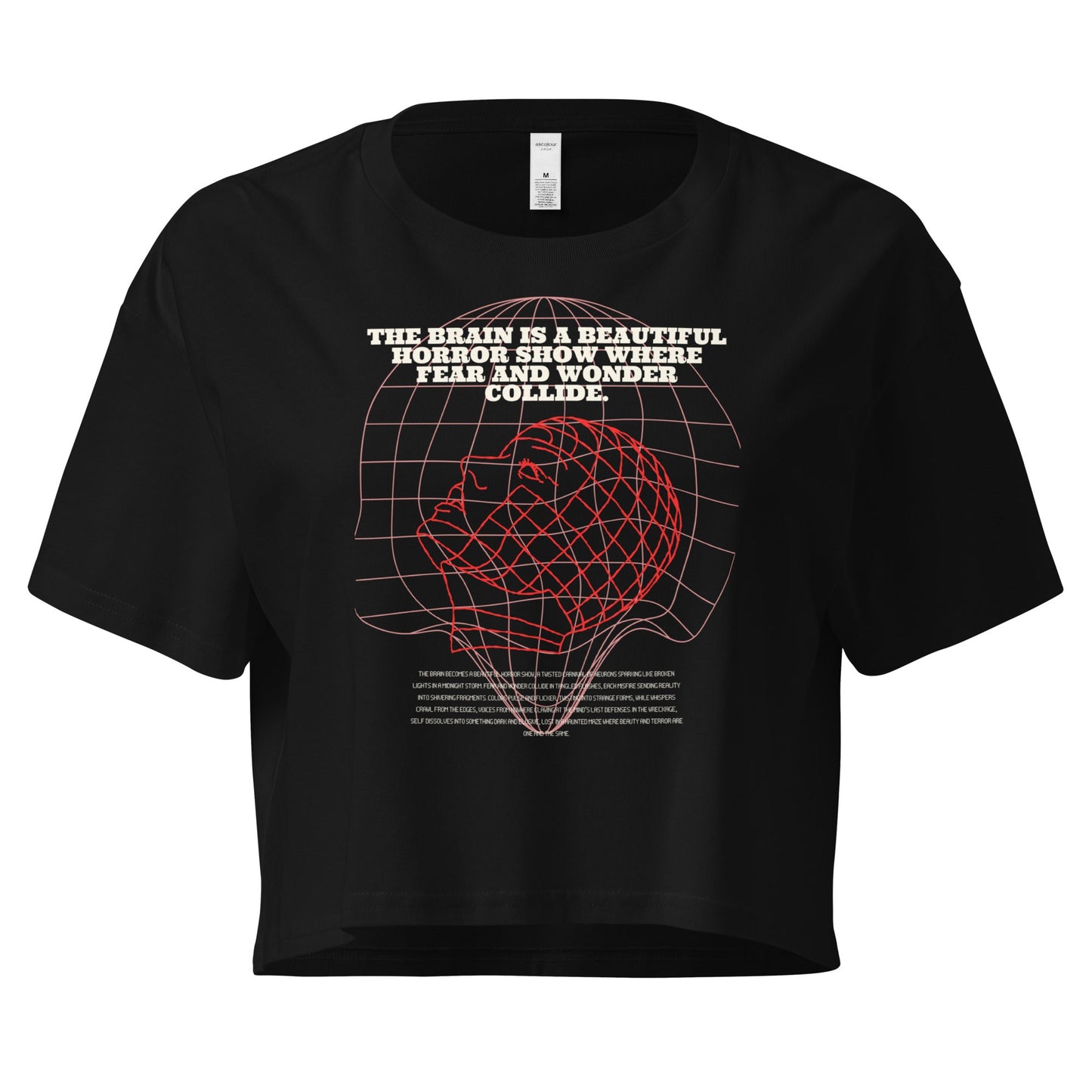 Fractured Process Crop Top - Left Placement by R.A. Apparel, image 2, front view, Black, size S, left placement.