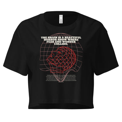 Fractured Process Crop Top - Left Placement by R.A. Apparel, image 2, front view, Black, size S, left placement.