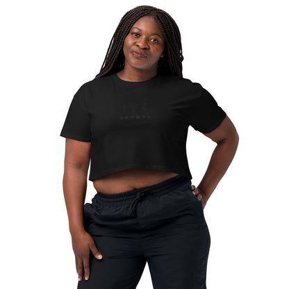 Image 1 of Black Growthline Crop Top - Left Placement, size XS, with Growth artwork visible in front view.