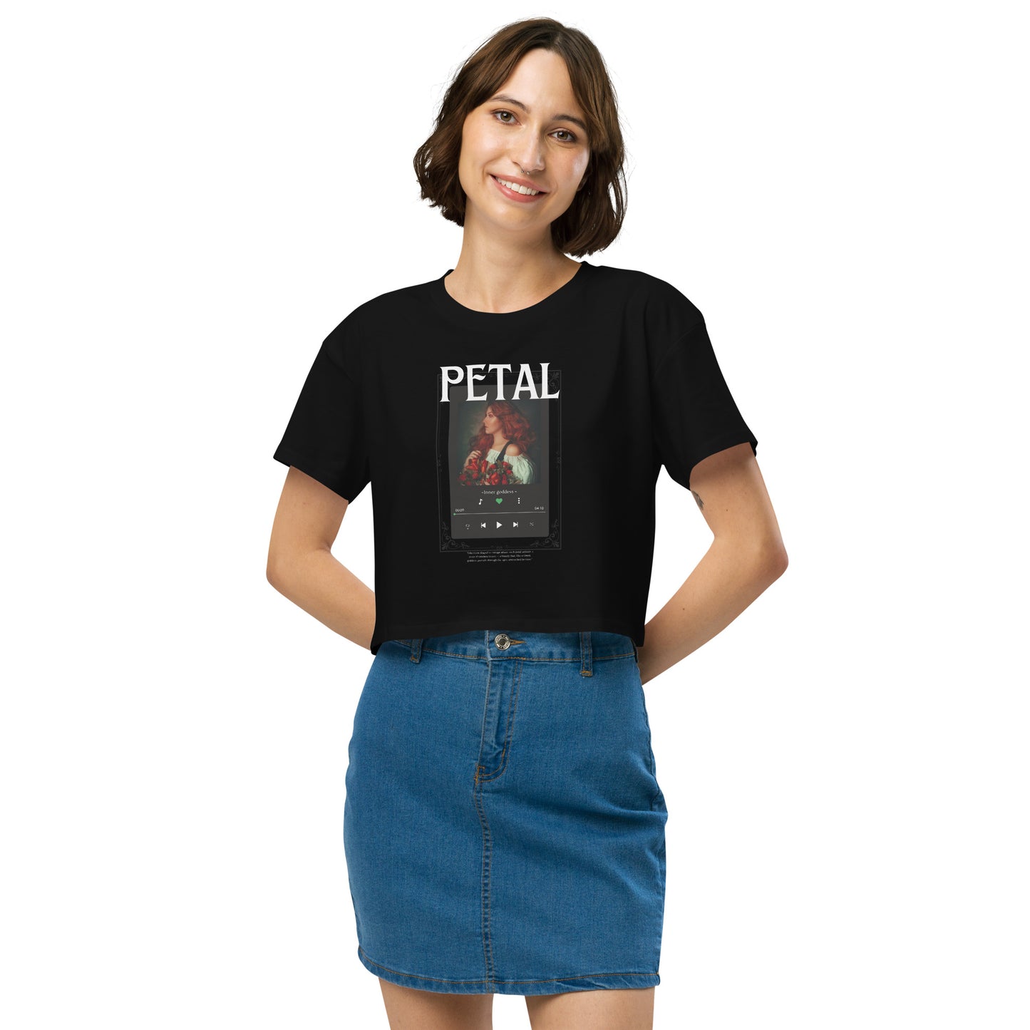 Image 1 of Black Petaline Crop Top - Left Placement, size XS, with Petal artwork visible in front view.