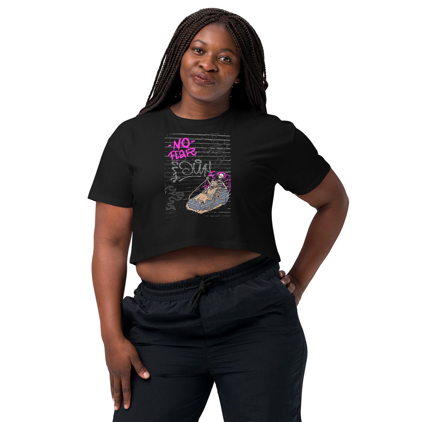 Fearless Crop Top - Left Placement image 1: Black version, size XS with front view of the No Fear range.