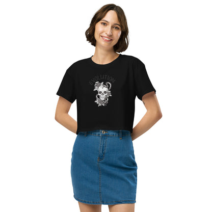 Evolution Crop Top - Left Placement image 2 in Black, size S, showing front view for the Evolution design.