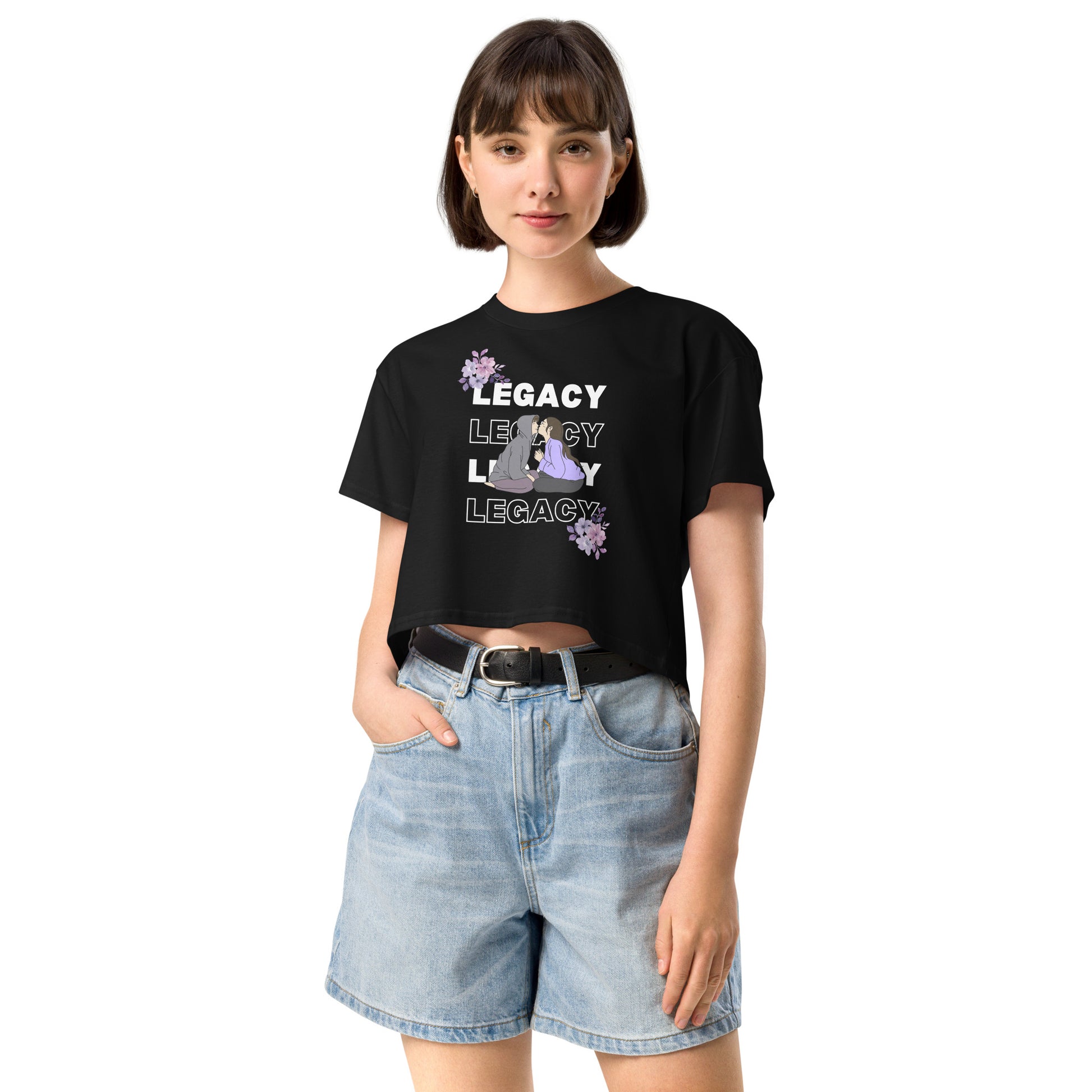 Image 2 of Black Heirloom Crop Top - Left Placement, size S, with Legacy artwork visible in front view.
