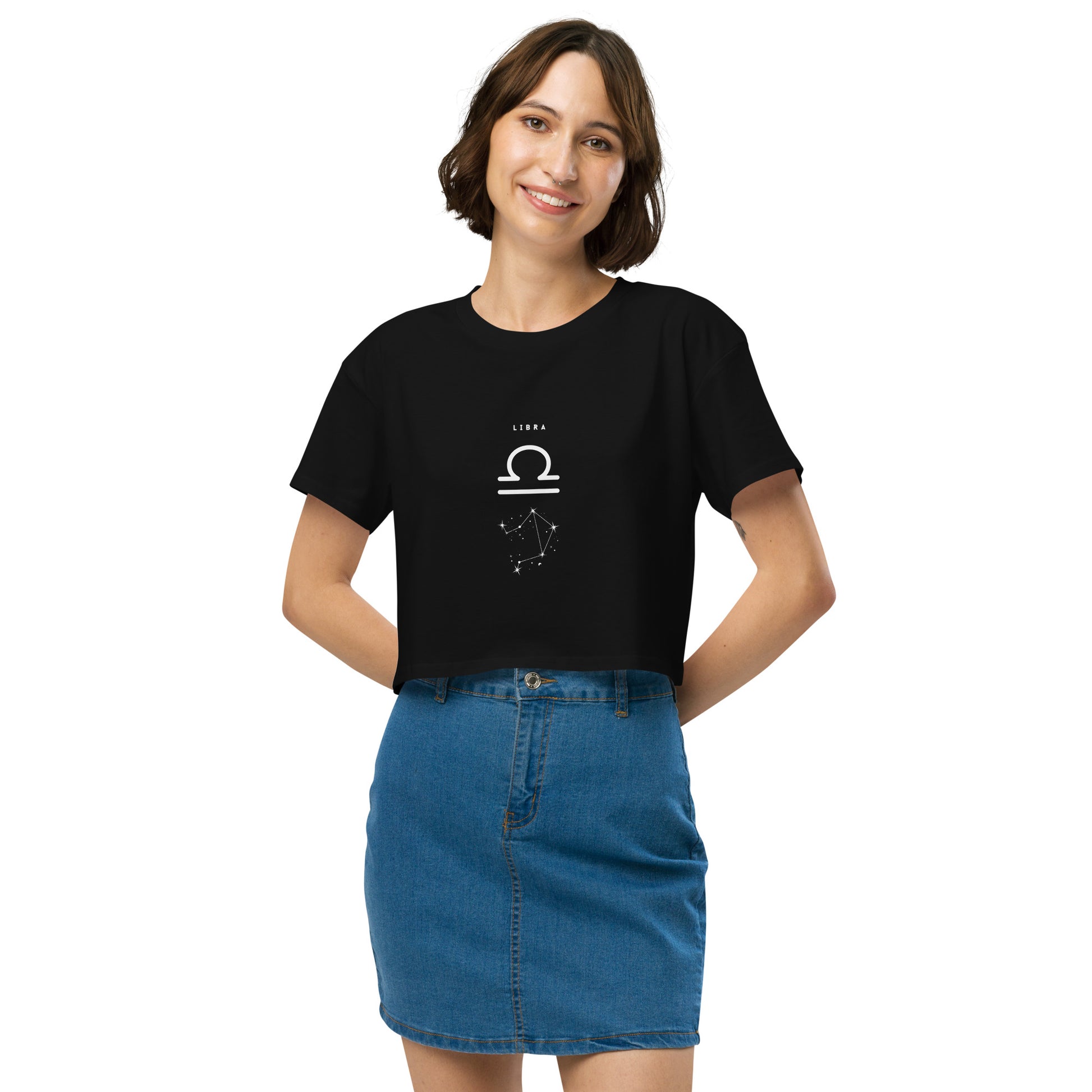 Image 1 of Black Balance Court Crop Top - Left Placement, size XS, with Libra artwork visible in front view.