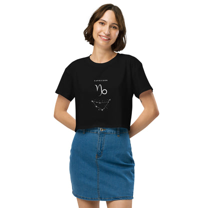 Image 1 of Black Montaire Crop Top, size XS, with Capricorn artwork visible in front view.
