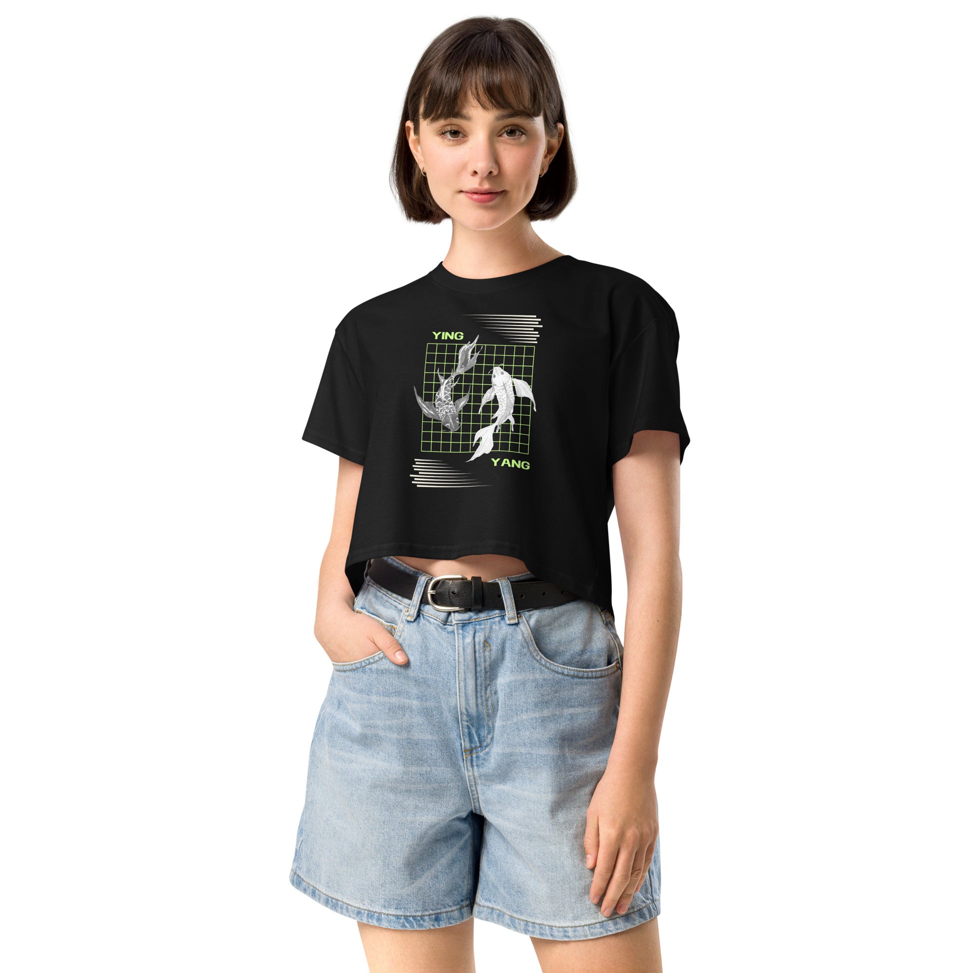 Equinoxe Crop Top image 3: Black version, size L with front view of the Ying and Yang range.