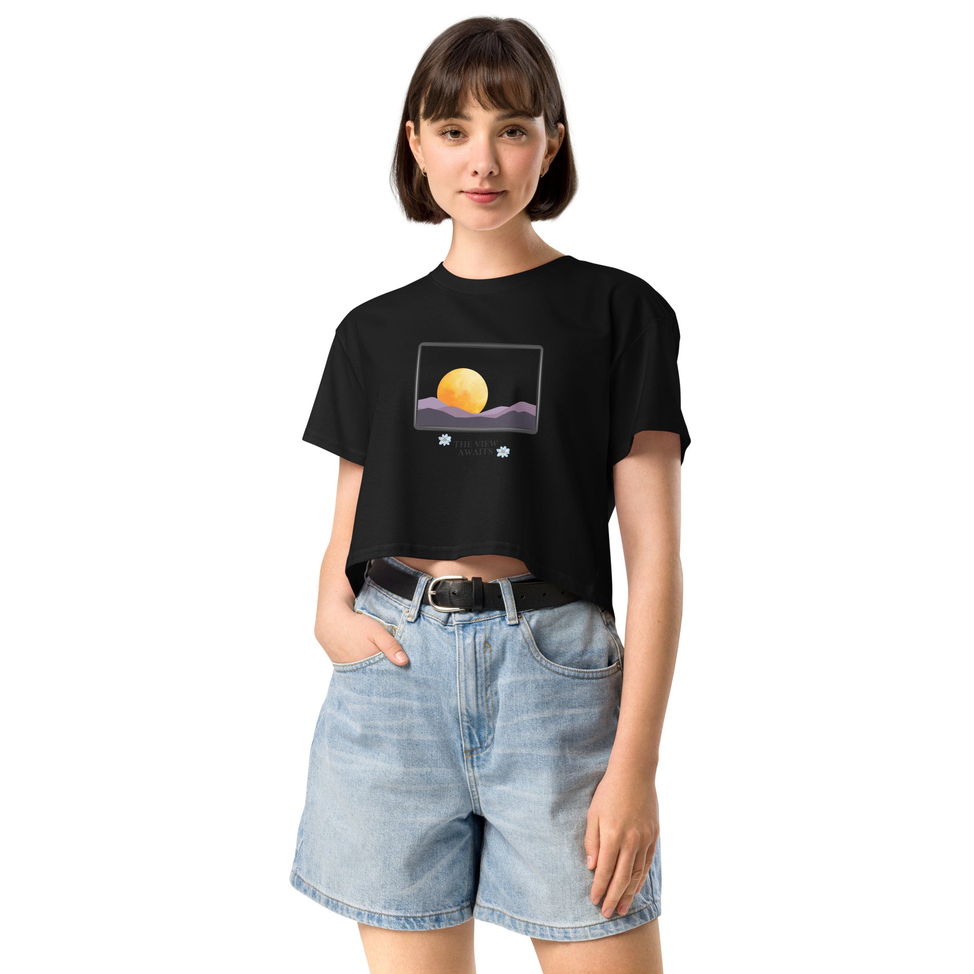 Avenor Crop Top image 1 in Black, size S, showing front view for the The View Awaits design.