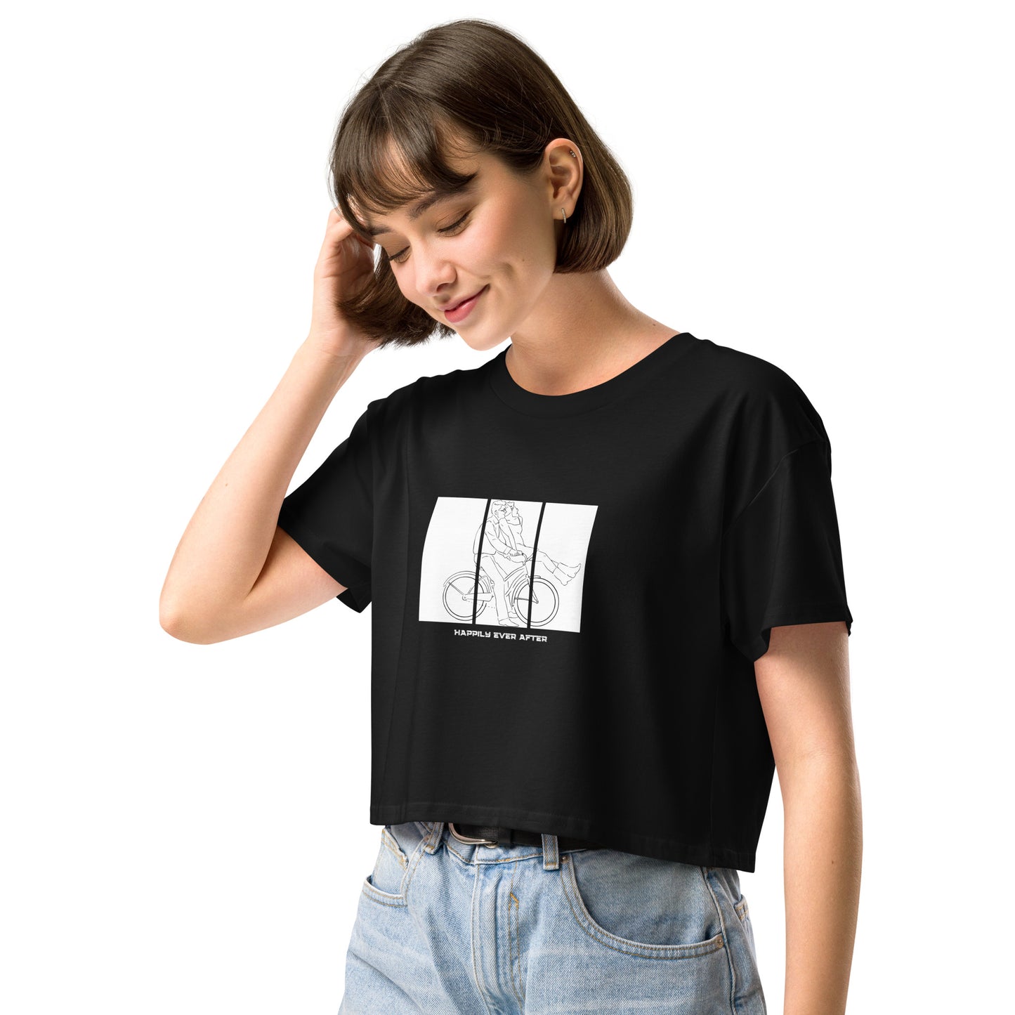 Ever After Crop Top - Left Placement by R.A. Apparel, image 1, front view, left-side angle, Black, size XS, left placement.