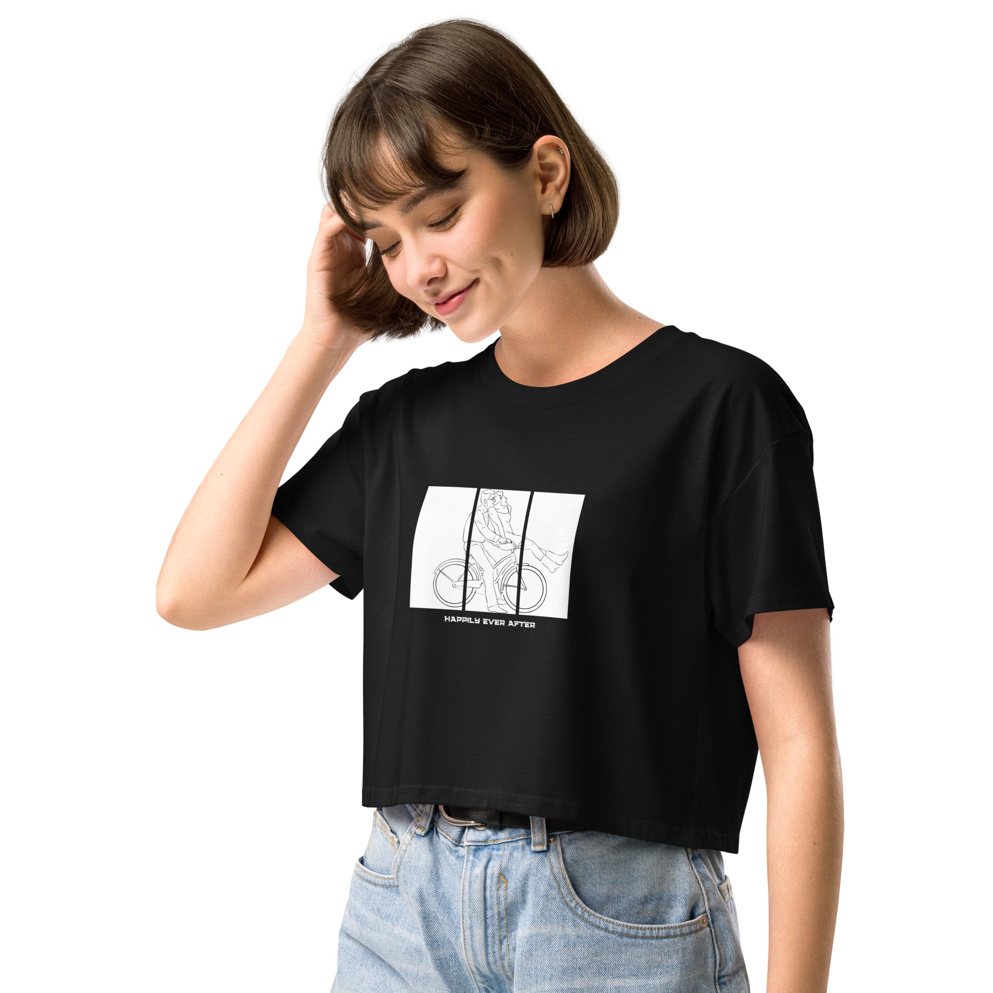 Ever After Crop Top - Left Placement by R.A. Apparel, image 1, front view, left-side angle, Black, size XS, left placement.