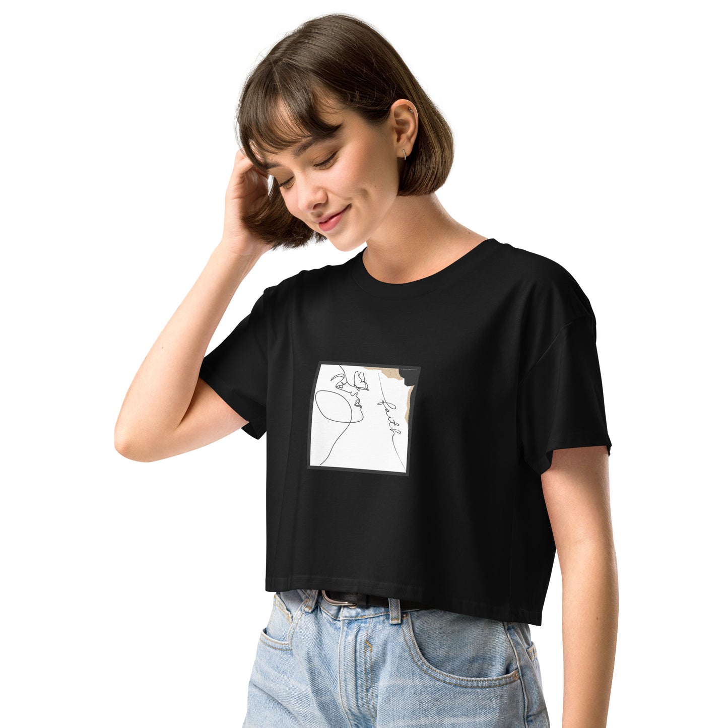 Faithline Crop Top - Left Placement by R.A. Apparel, image 1, front view, left-side angle, Black, size XS, left placement.
