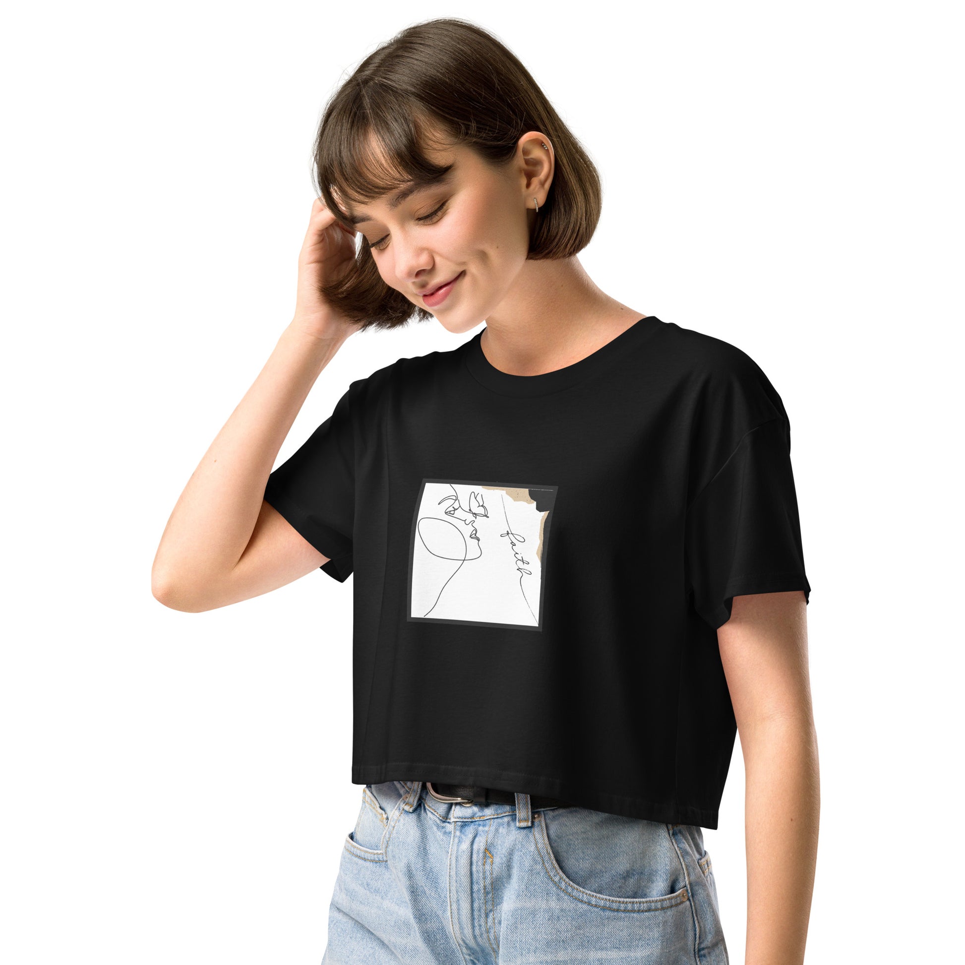 Faithline Crop Top - Left Placement by R.A. Apparel, image 1, front view, left-side angle, Black, size XS, left placement.