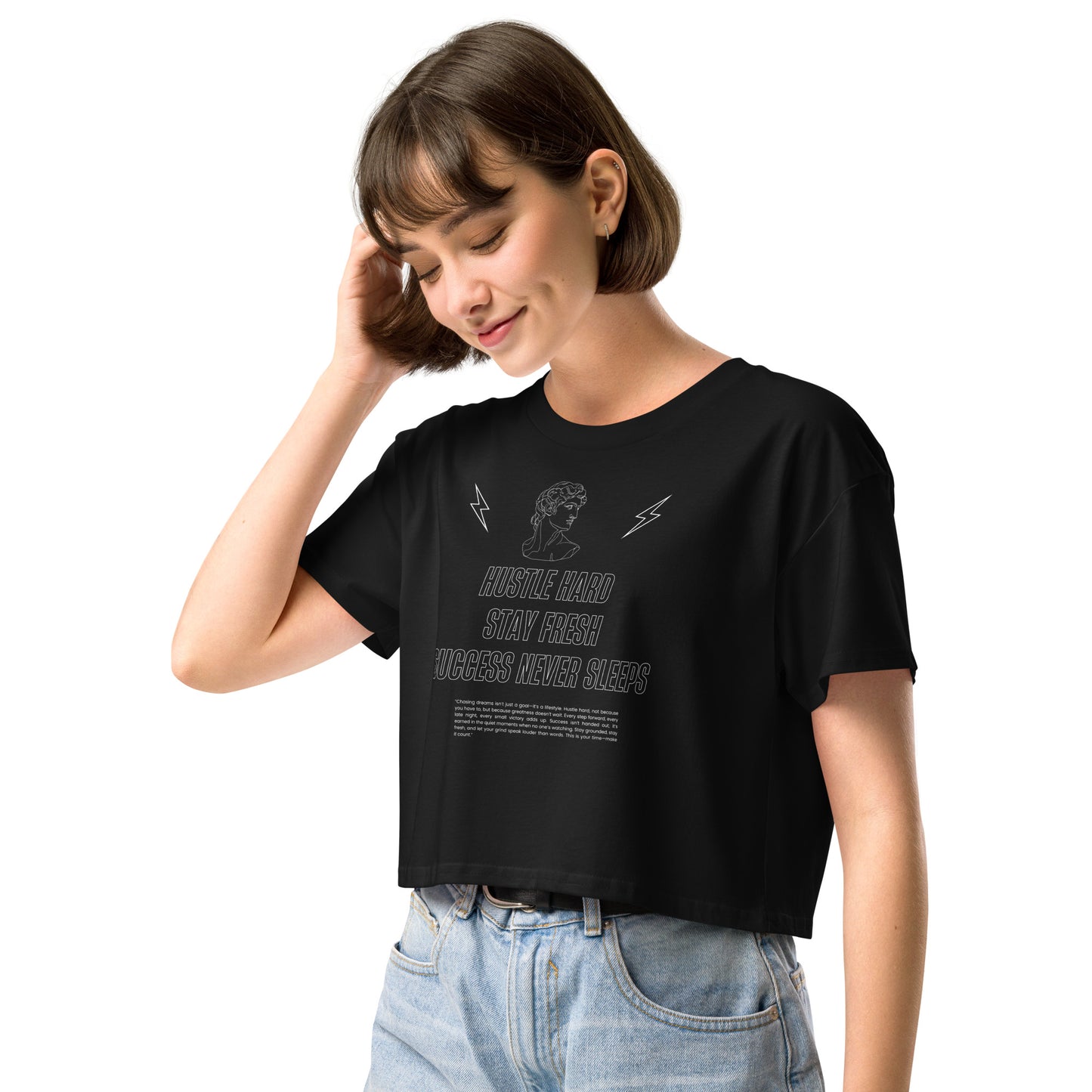 Image 2 of Black Workrate Crop Top - Left Placement, size S, with Hustle Hard artwork visible in front view, left-side angle.