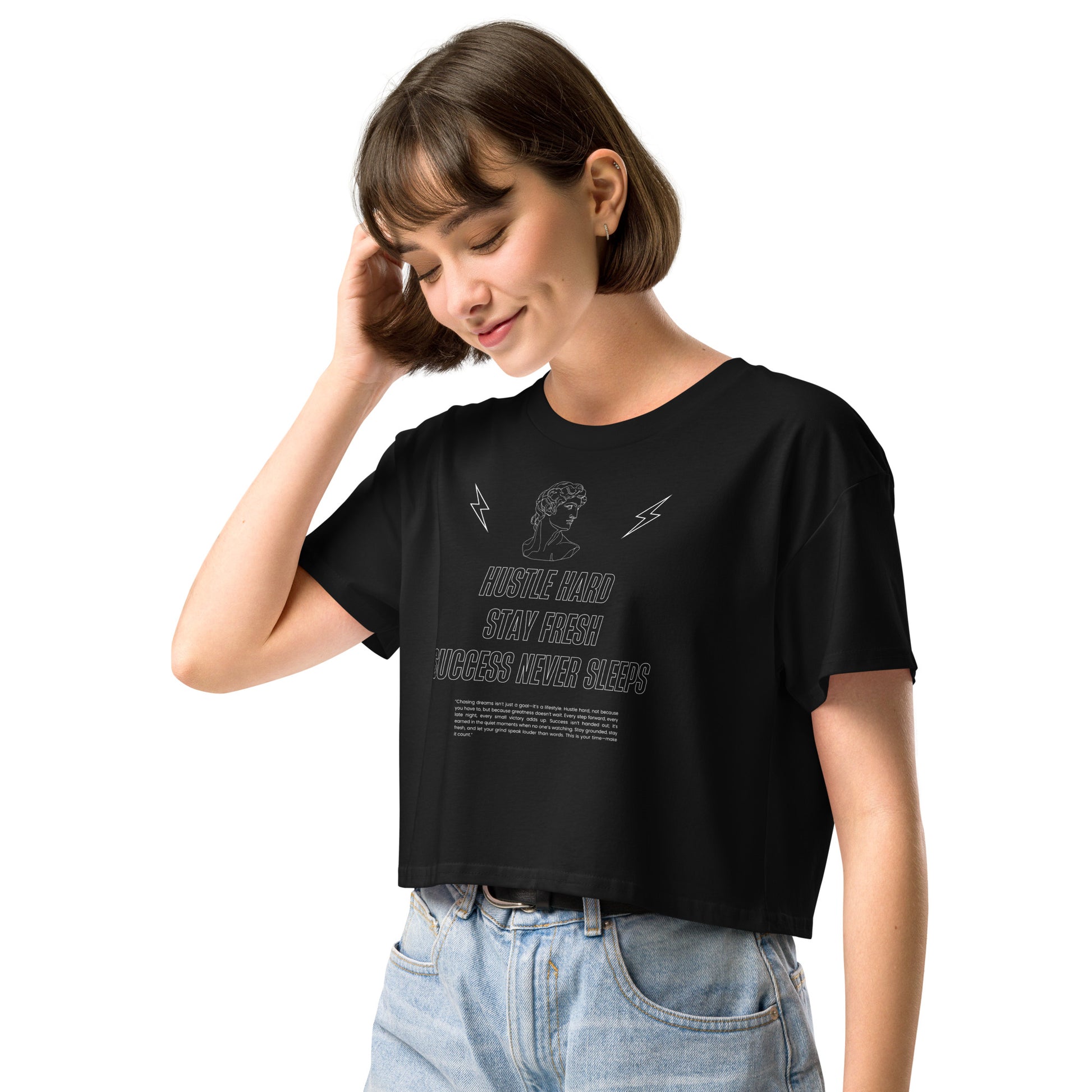 Image 2 of Black Workrate Crop Top - Left Placement, size S, with Hustle Hard artwork visible in front view, left-side angle.