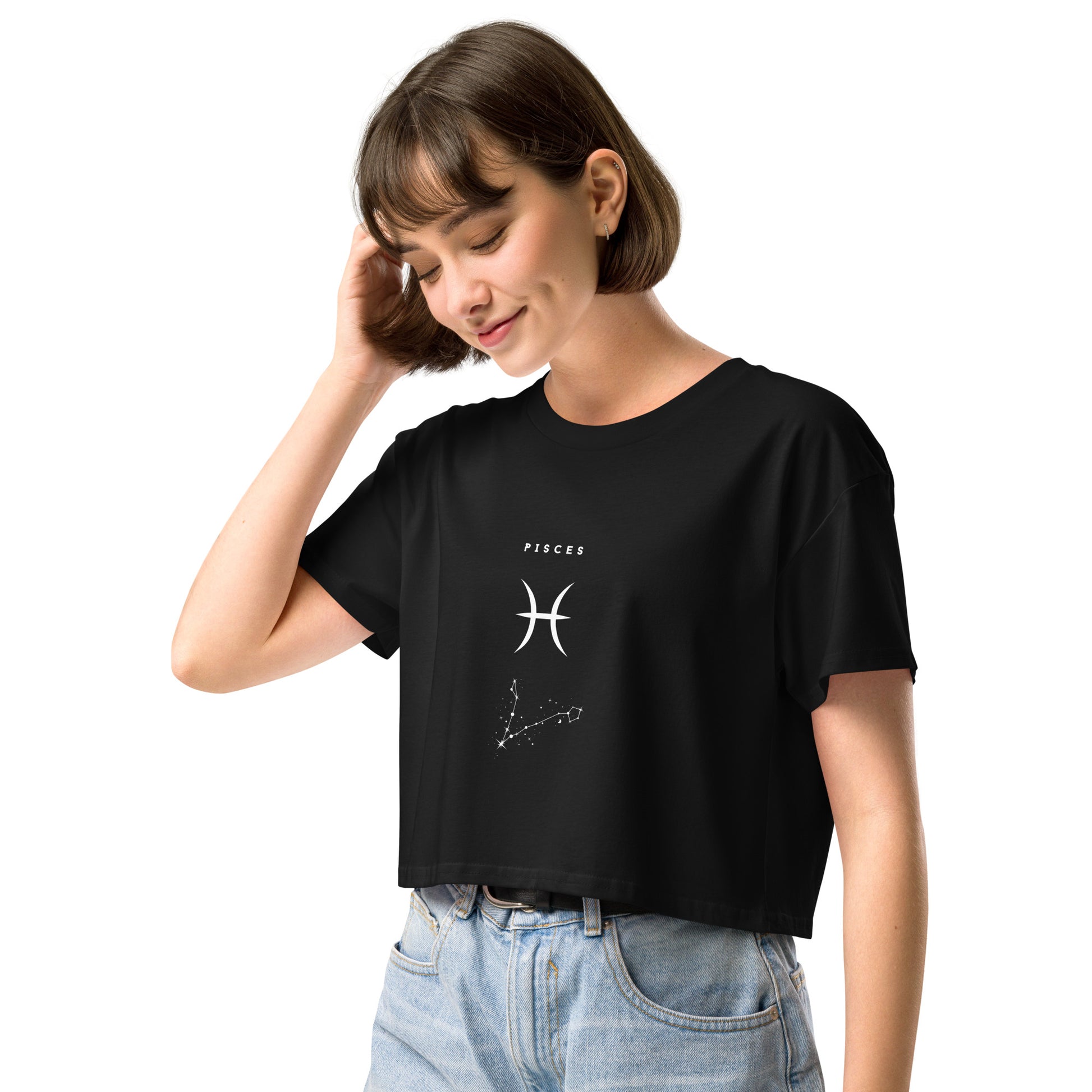Tideborn Crop Top - Left Placement image 1: Black version, size XS with front view, left-side angle of the Pisces range.