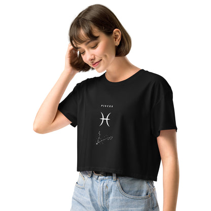 Tideborn Crop Top - Left Placement image 1: Black version, size XS with front view, left-side angle of the Pisces range.