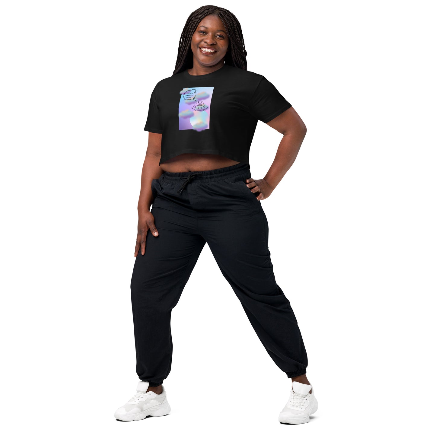 Sprinkle Theory Crop Top - Left Placement by R.A. Apparel, image 3, front view, left-side angle, Black, size M, left placement.