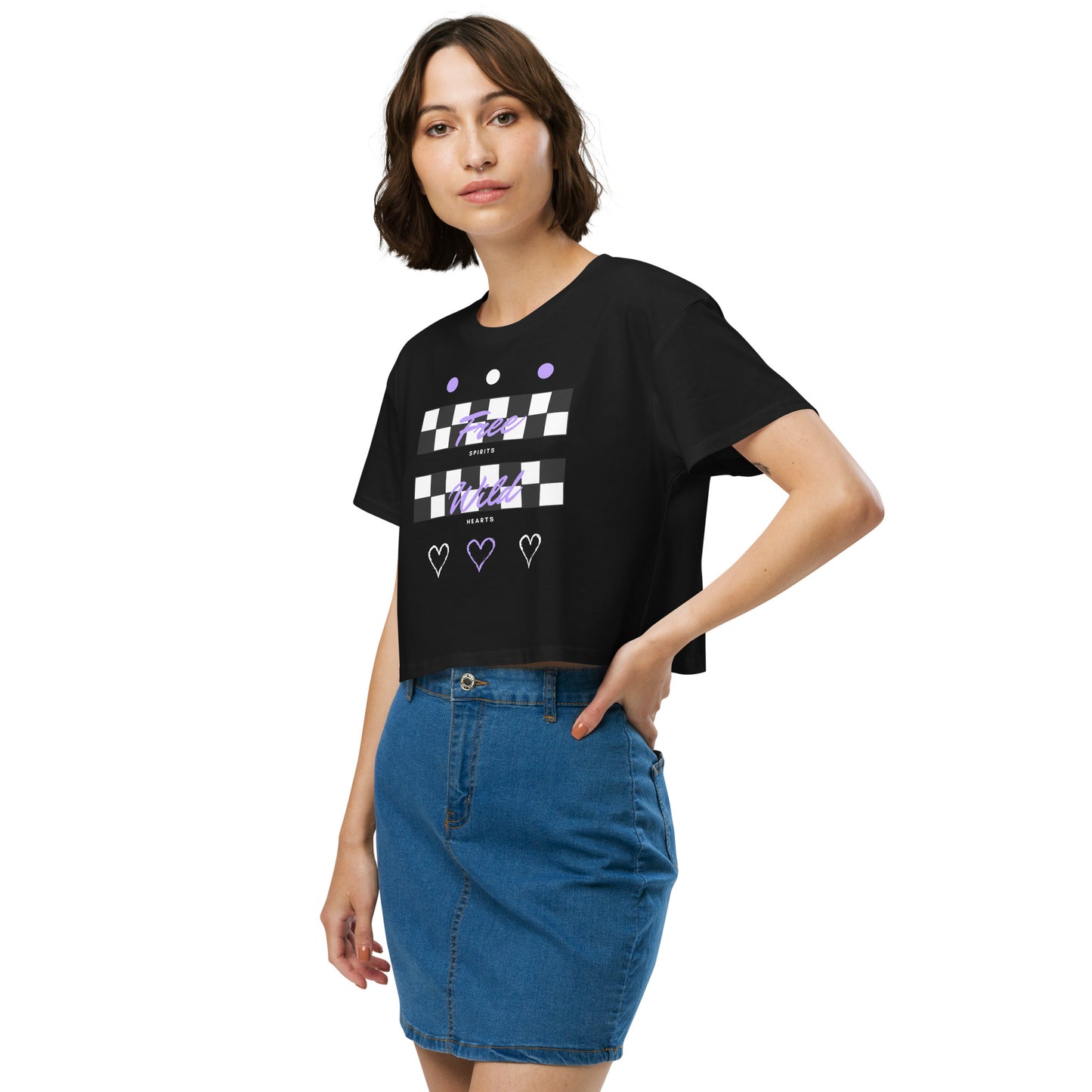 Freeborne Crop Top - Left Placement by R.A. Apparel, image 3, front view, left-side angle, Black, size M, left placement.