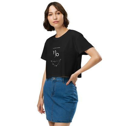 Montaire Crop Top by R.A. Apparel, image 3, front view, left-side angle, Black, size M, design placement.