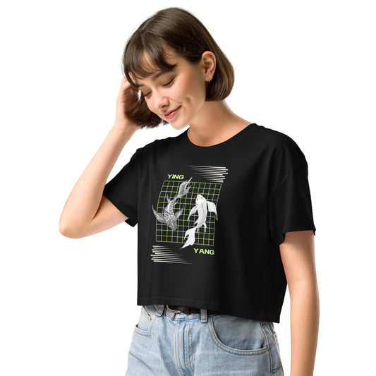 Equinoxe Crop Top by R.A. Apparel, image 1, front view, left-side angle, Black, size S, design placement.