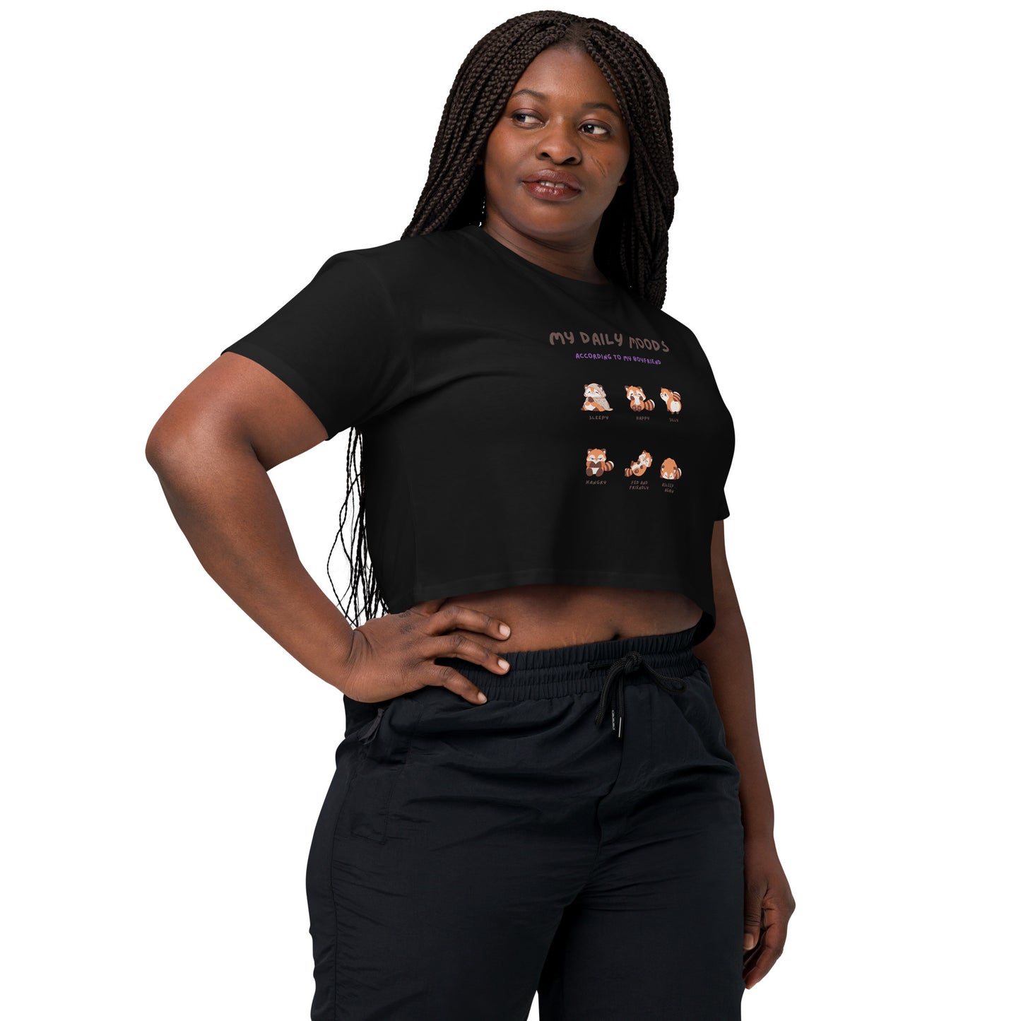 Mood Diary Crop Top - Left Placement product image 2 in Black, size S, with front view, right-side angle and left placement.