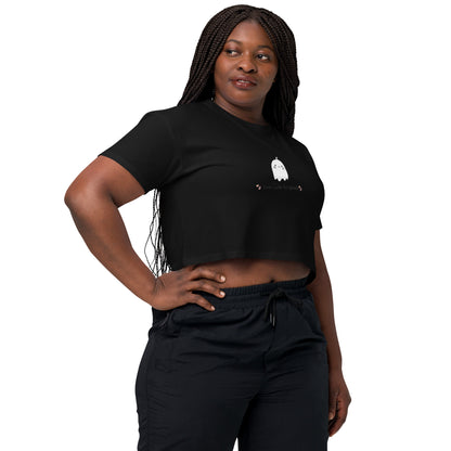 Cute Haunt Crop Top - Left Placement by R.A. Apparel, image 2, front view, right-side angle, Black, size S, left placement.