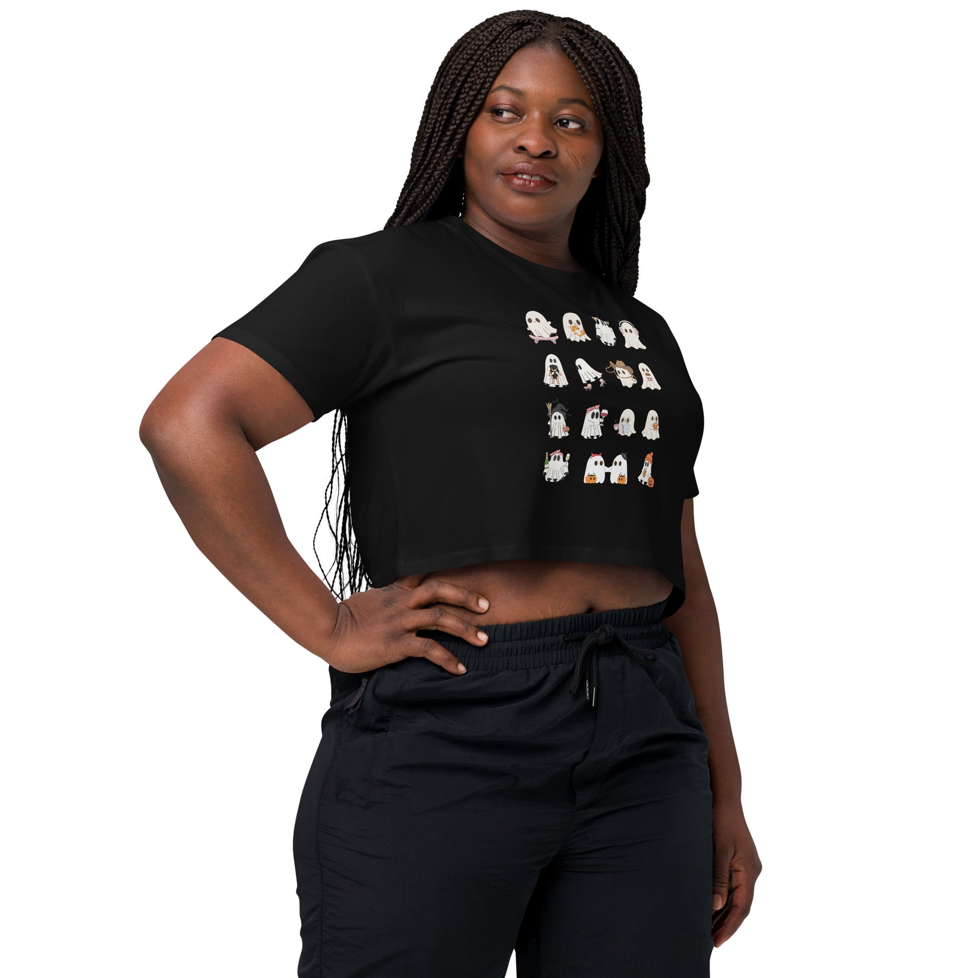 Spectral Crop Top - Left Placement image 2 in Black, size S, showing front view, right-side angle for the Ghosts design.