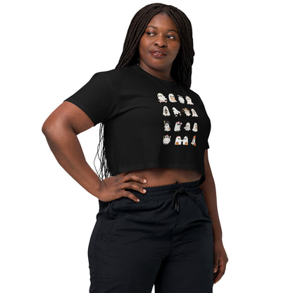 Spectral Crop Top - Left Placement image 2 in Black, size S, showing front view, right-side angle for the Ghosts design.
