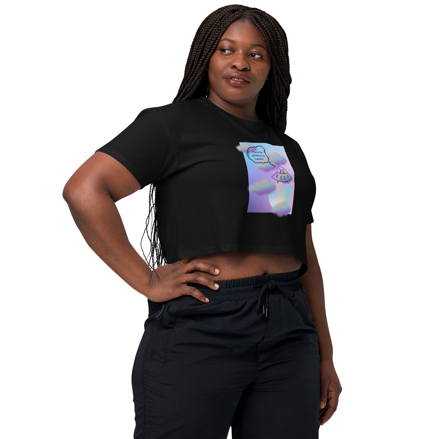 Image 2 of Black Sprinkle Theory Crop Top - Left Placement, size S, with You're the Sprinkle to My Cupcake artwork visible in front view, right-side angle.