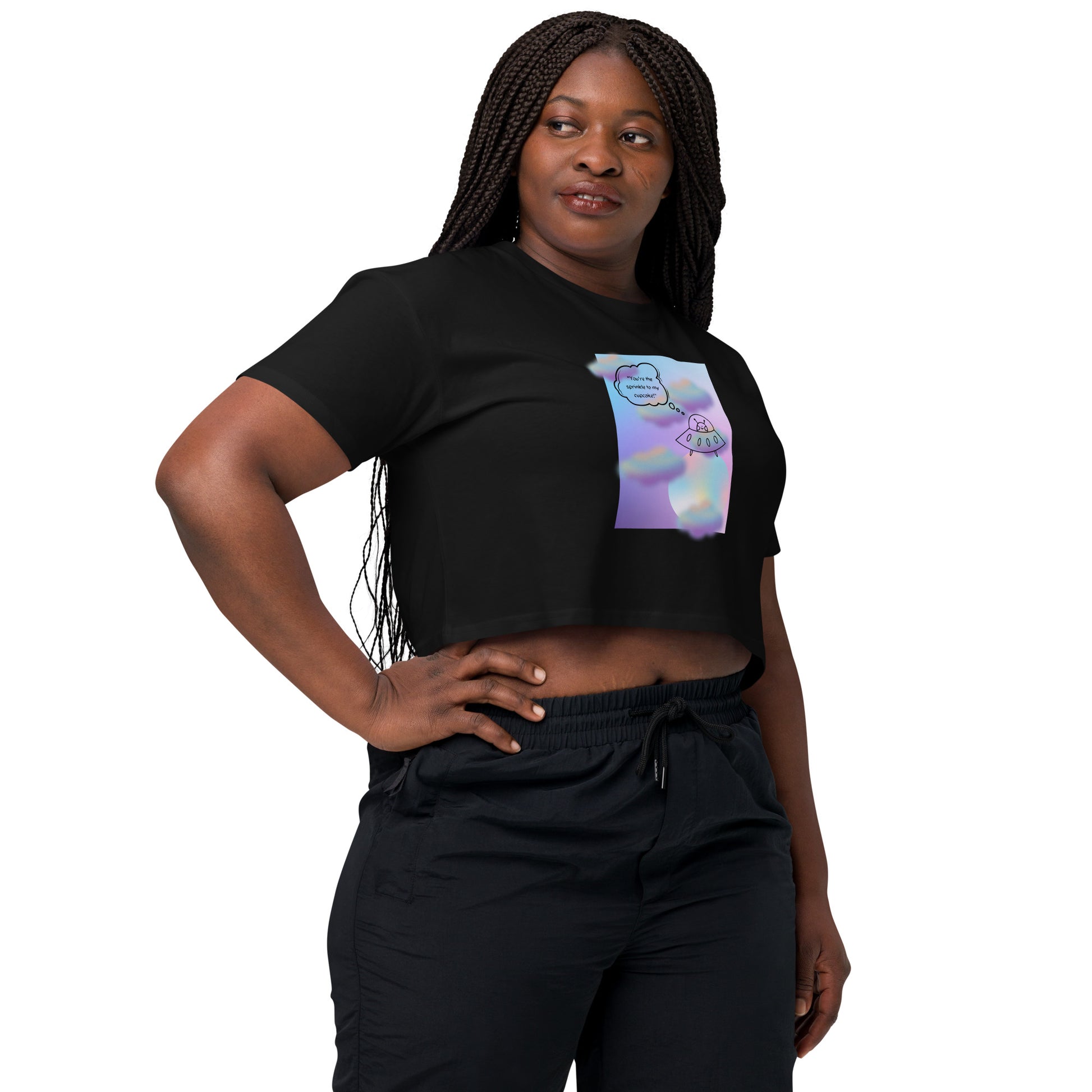 Image 2 of Black Sprinkle Theory Crop Top - Left Placement, size S, with You're the Sprinkle to My Cupcake artwork visible in front view, right-side angle.