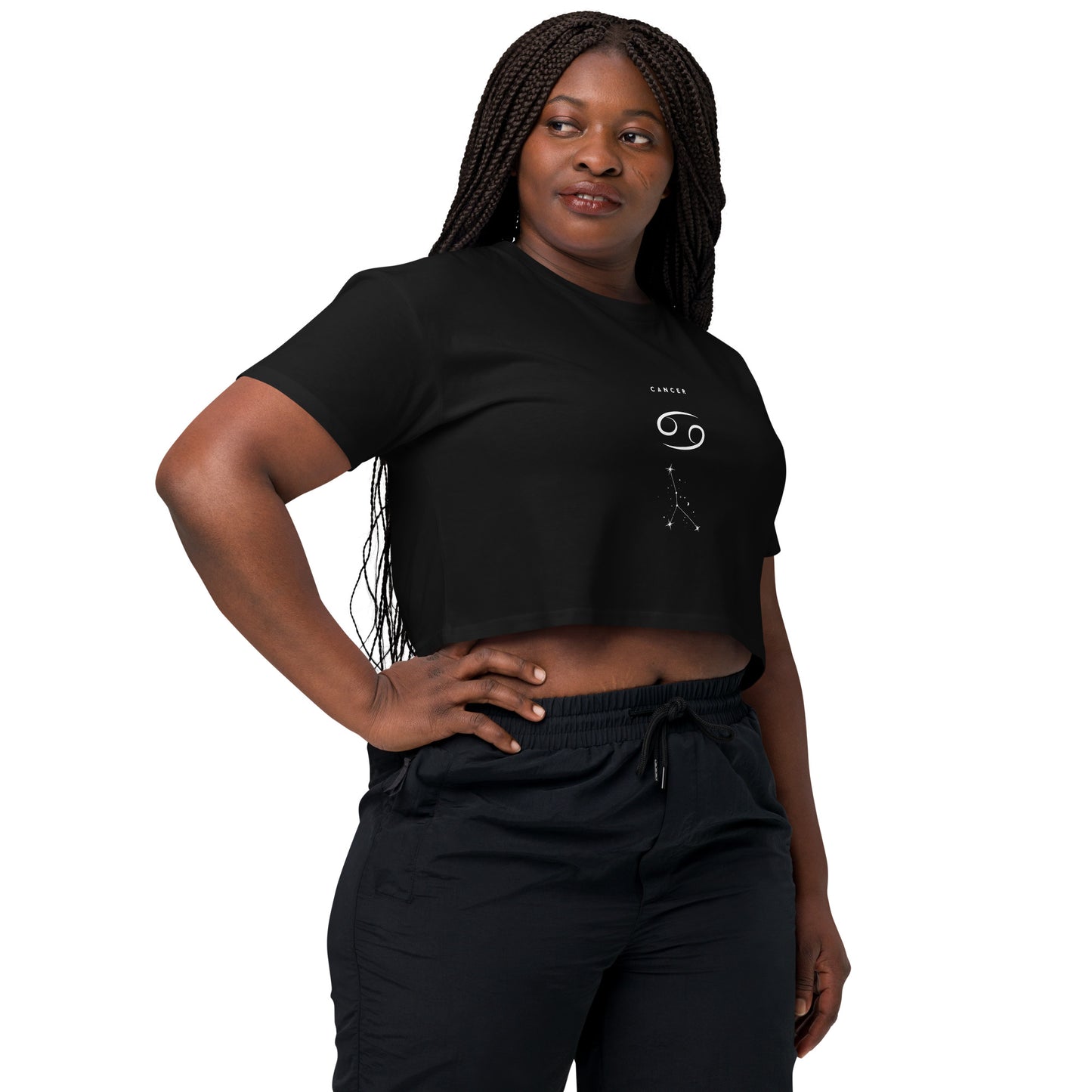 Moonhaven Crop Top - Left Placement image 3: Black version, size M with front view, right-side angle of the Cancer range.