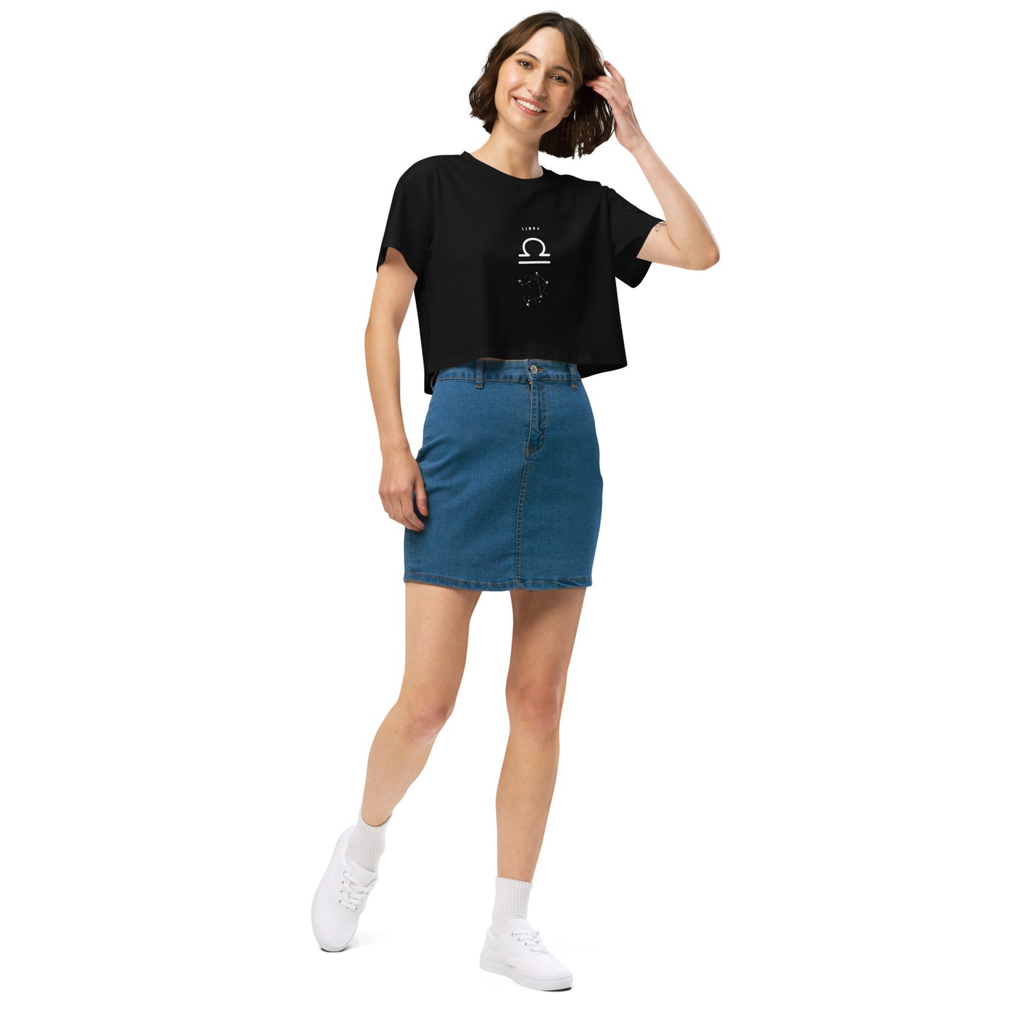 Image 3 of Black Balance Court Crop Top - Left Placement, size M, with Libra artwork visible in front view, right-side angle.