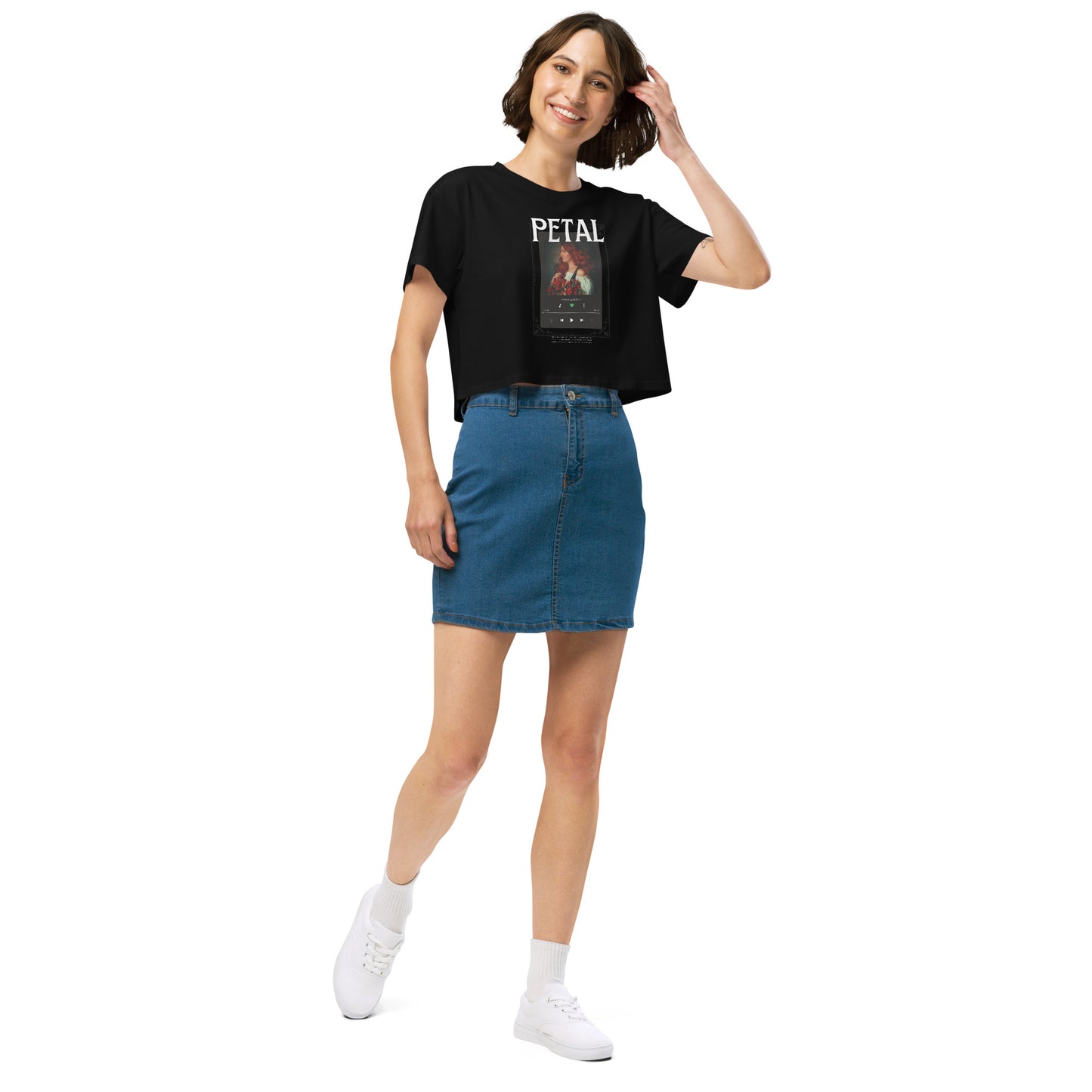 Petaline Crop Top by R.A. Apparel, image 2, front view, right-side angle, Black, size M, design placement.