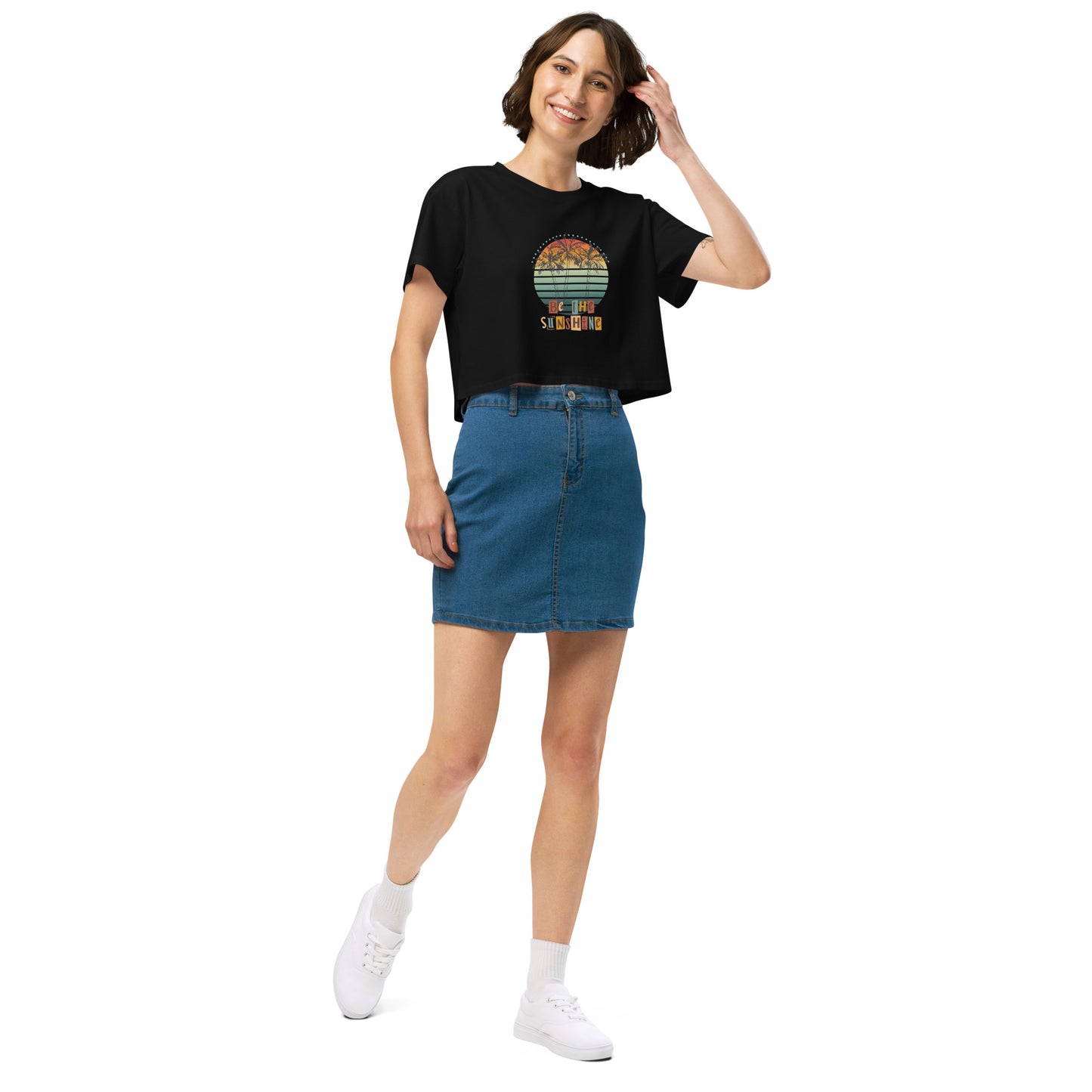 Solara Crop Top image 2: Black version, size M with front view, right-side angle of the Be the Sunshine range.