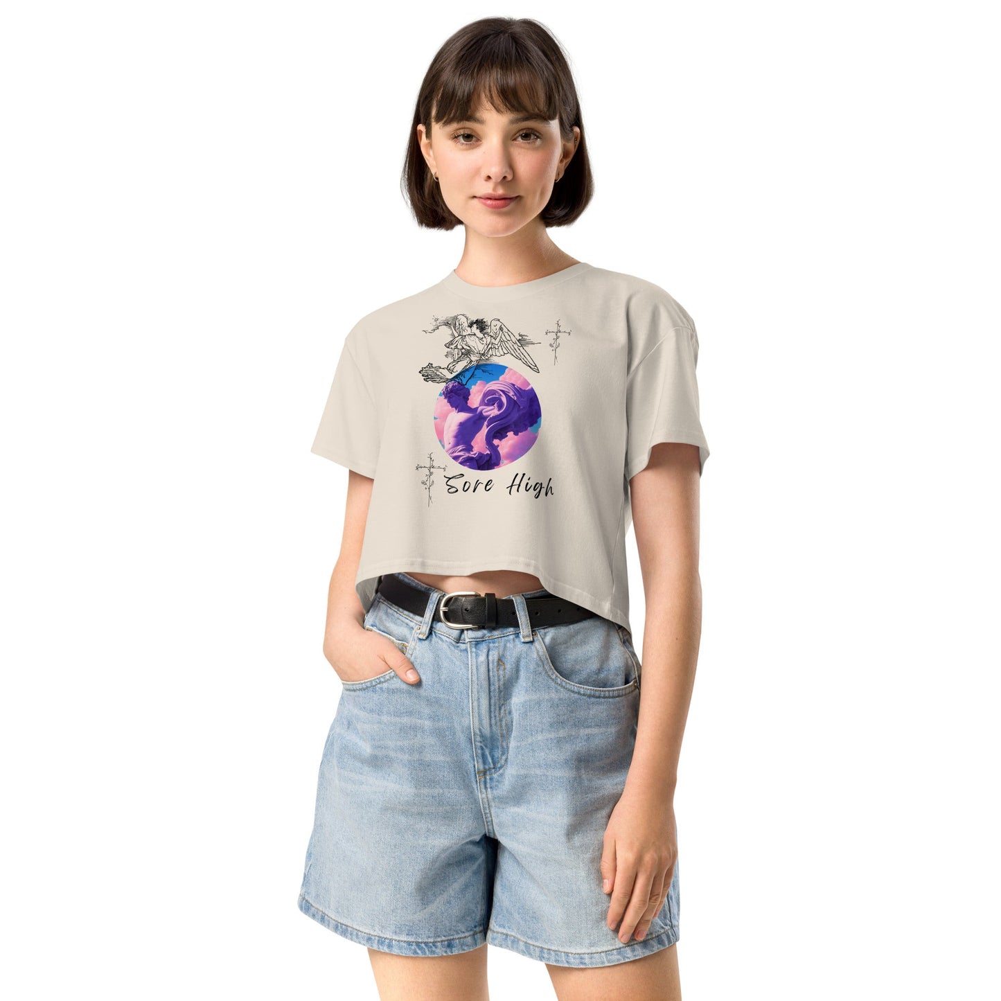 Skyborne Crop Top - Left Placement image 7 in Mineral, size S, showing front view for the Sore High design.