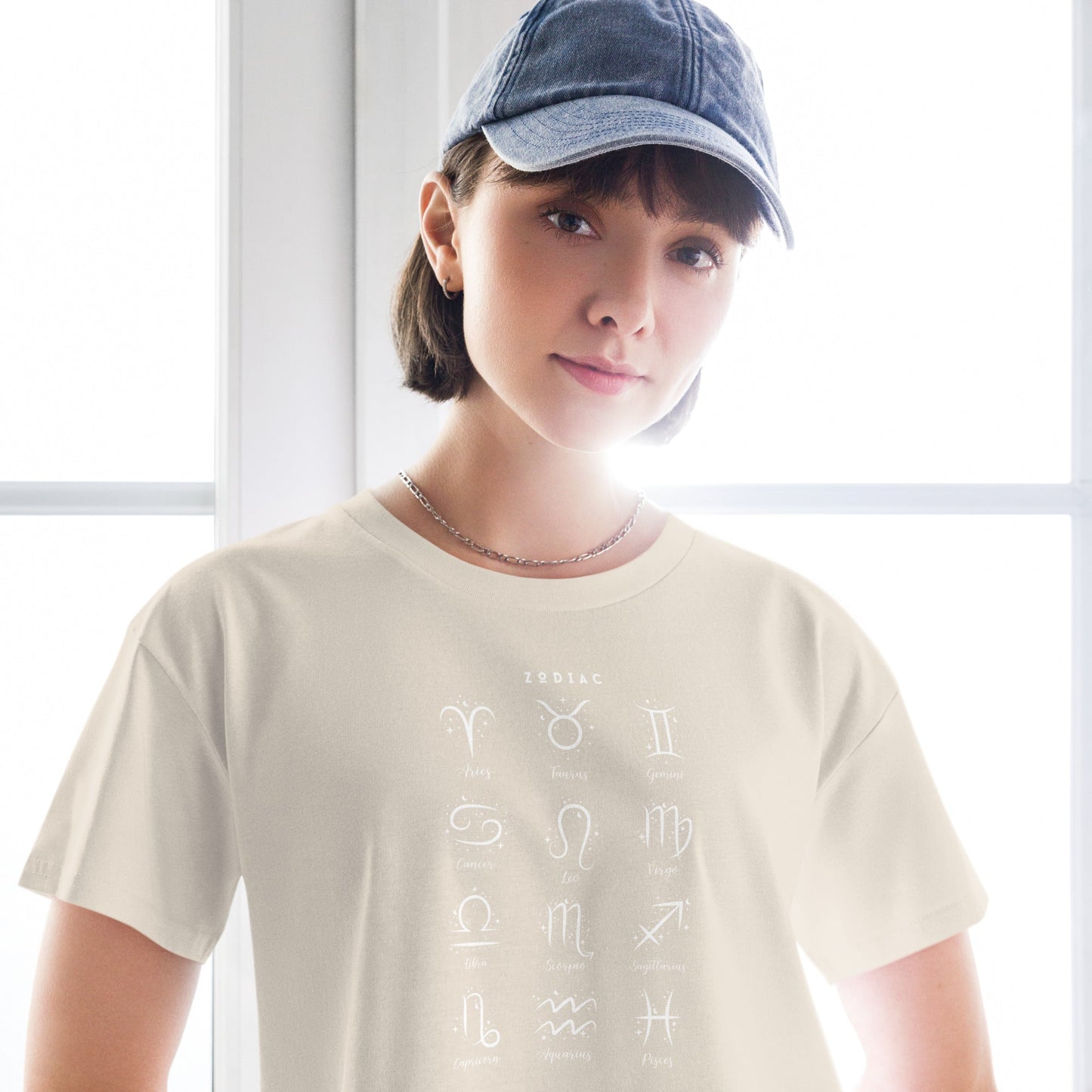 Astral Circle Crop Top - Left Placement image 6 in Mineral, size XS, showing front view for the Zodiac design.