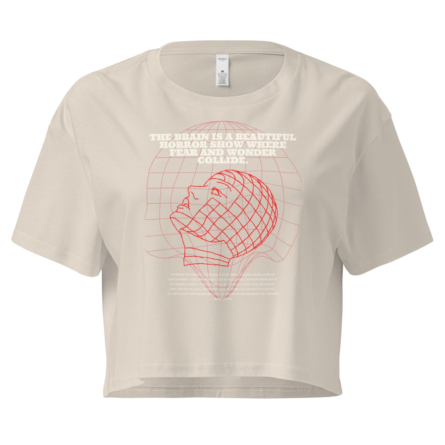 Fractured Process Crop Top - Left Placement image 7 in Mineral, size S, showing front view for the Process of Insanity design.