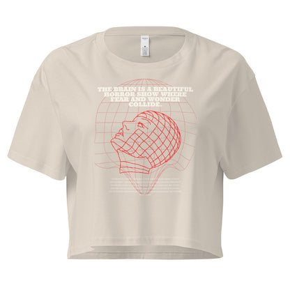 Fractured Process Crop Top - Left Placement image 7 in Mineral, size S, showing front view for the Process of Insanity design.