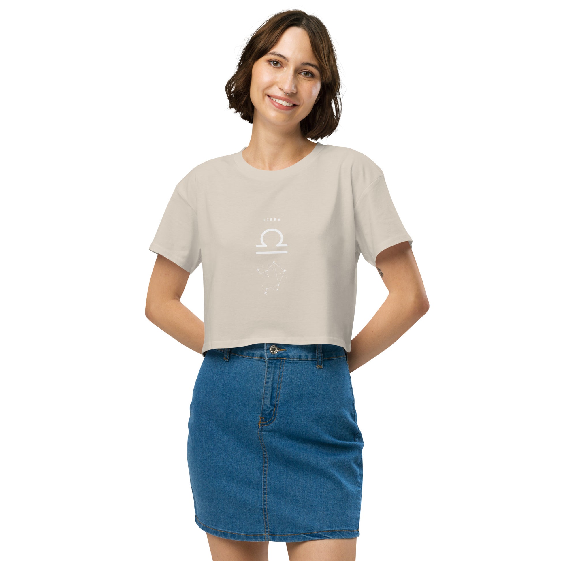 Balance Court Crop Top - Left Placement image 22 in Pale Pink, size S, showing front view for the Libra design.