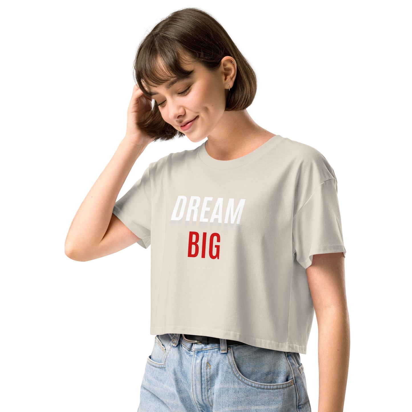 Skyline Dream Crop Top - Left Placement image 6: Mineral version, size XS with front view, left-side angle of the Dream Big range.