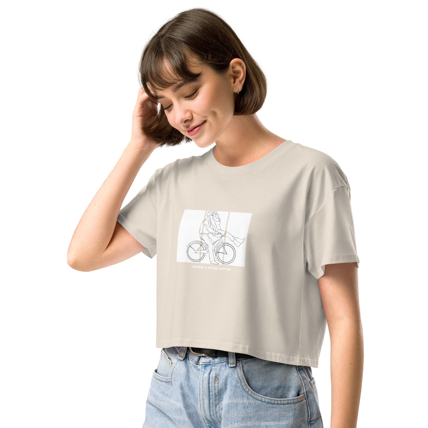 Image 6 of Mineral Ever After Crop Top - Left Placement, size XS, with Happily Ever After artwork visible in front view, left-side angle.