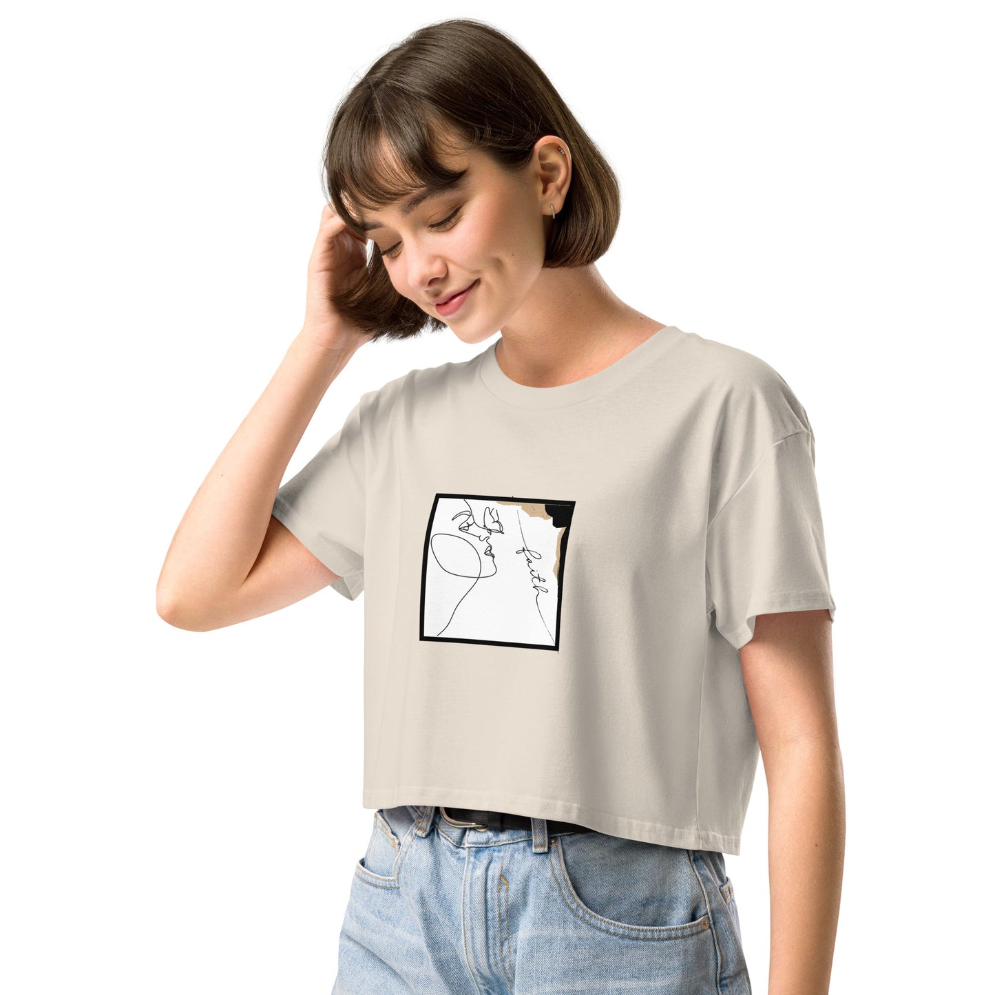 Faithline Crop Top - Left Placement product image 6 in Mineral, size XS, with front view, left-side angle and left placement.
