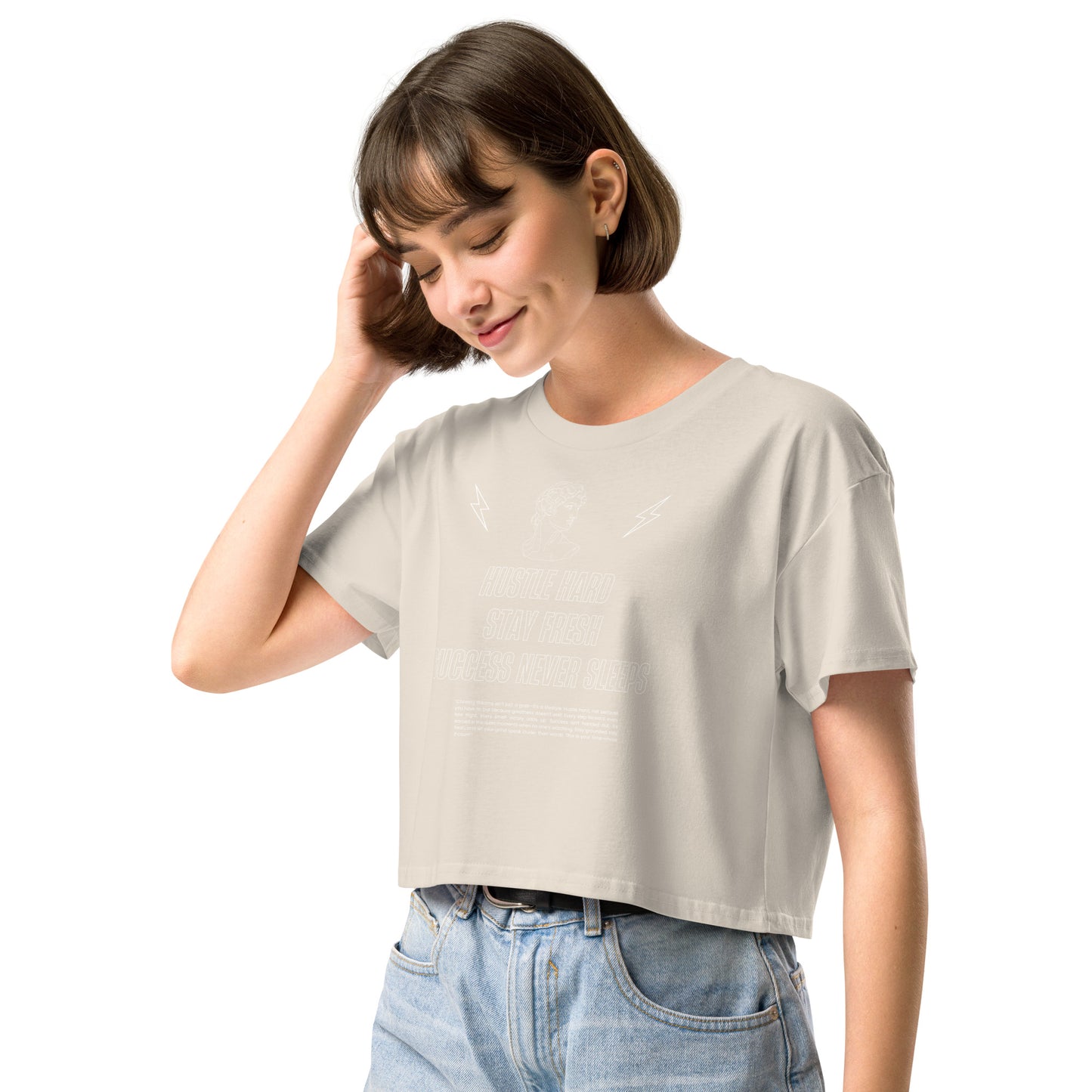Image 15 of Hazy Pink Workrate Crop Top - Left Placement, size XL, with Hustle Hard artwork visible in front view, left-side angle.